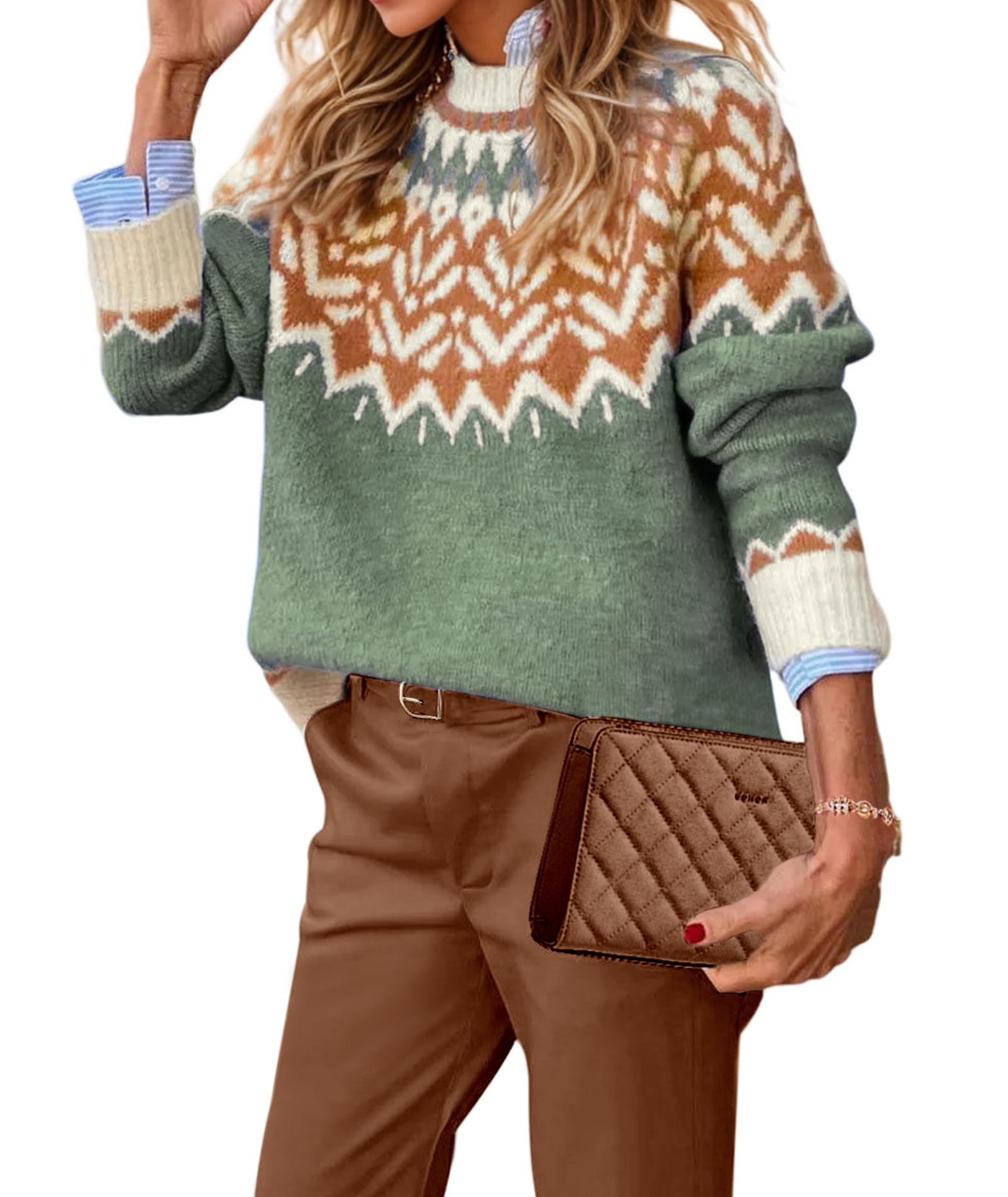 EARKOHA Womens Casual Mock Neck Ribbed Sweater Pullover 2025 Fall Long Sleeve Print Fair Isle Sweater Top