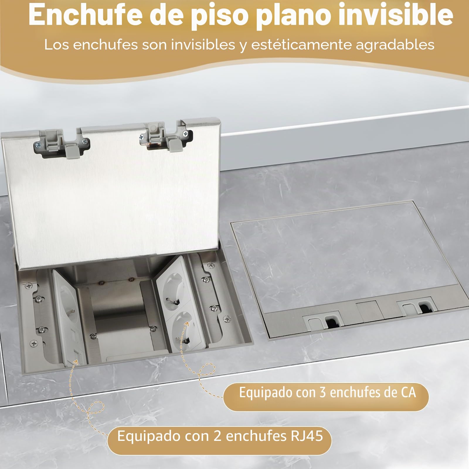 Caja de suelo empotrada, enchufe empotrado de acero inoxidable, impermeable, con 3 AC + 2 RJ45, para cocina, salón, oficina, caja de suelo retráctil (3 AC)