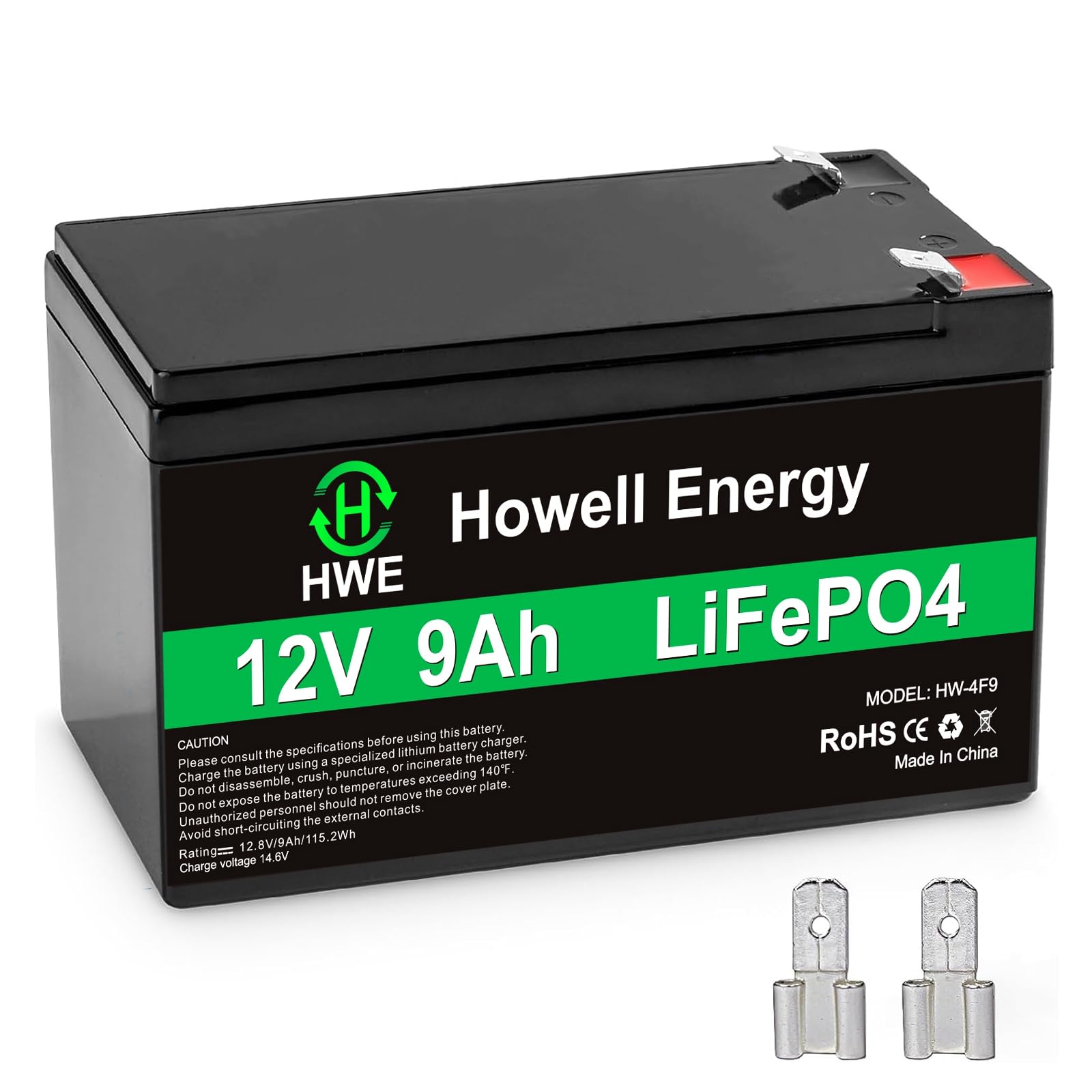 12V 9Ah Lithium Battery, Deep Cycles Rechargeable LiFePO4 Battery 4000+ Cycles 15A BMS Replacement for UPS, Alarm System, Fish Finder, Lighting, Power Wheels, Ride on Toy (F1 & F2 Terminal)