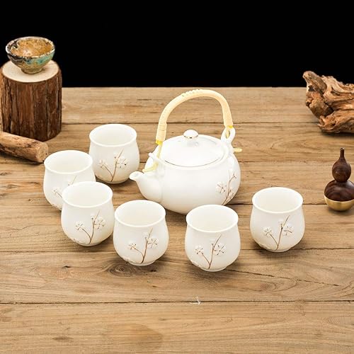 Miniatura 2 de TJ Global Juego de té de porcelana chino/japonés blanco con detalles dorados, 100% hecho a mano, juego de ceremonia de té tradicional con tetera y 6