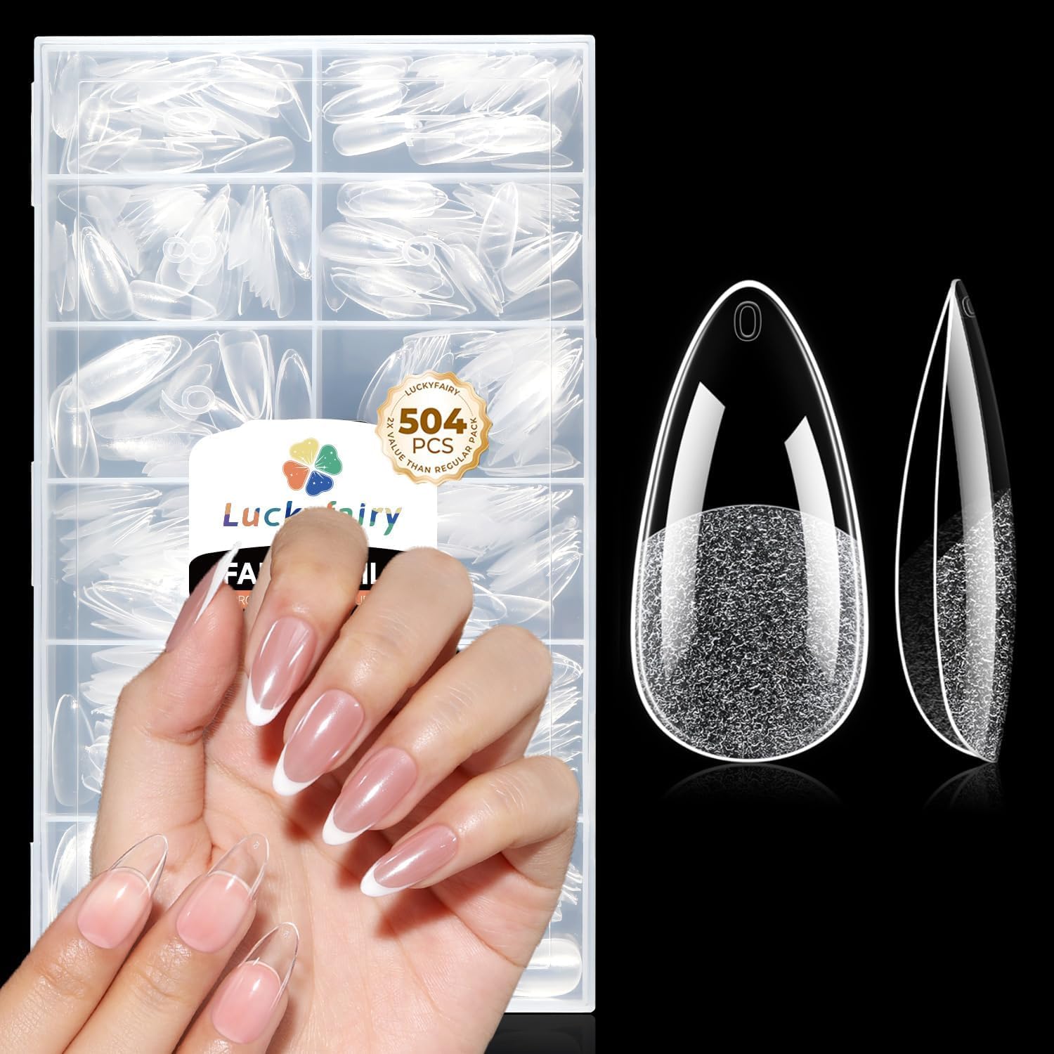 Photo 1 of Luckyfairy Medium Almond Nail Tips, 504pcs Soft Gel Pre-Filed Acrylic Almond Fake Nails, Half Matte Full Cover Clear Press on Flase Nail Tips for Nail Extension Home DIY 12 Sizes