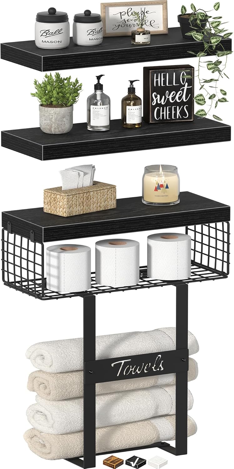 Bathroom Shelves Over Toilet - Floating Shelf for Wall Above Toilet Towels Holder Small Farmhouse Decor Shelves (15.7 inch, Set of 3, Black) B. Black