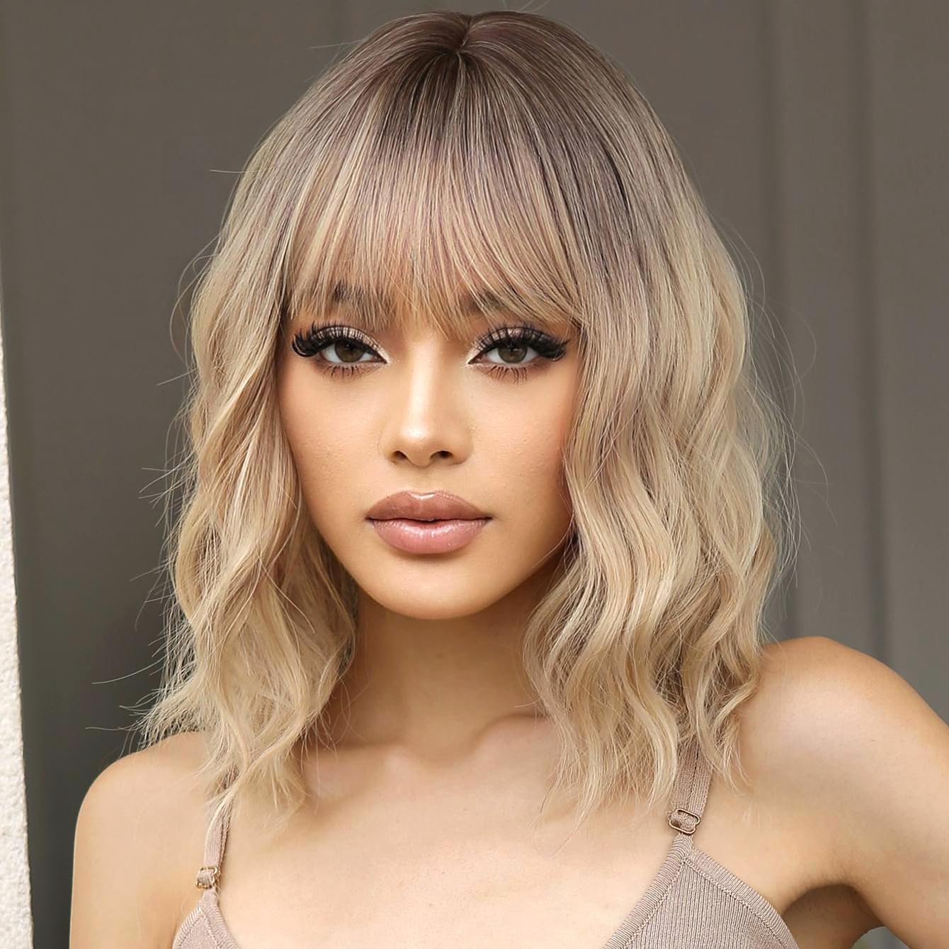 PORSMEER 14inch Blonde with Dark root Wig with Bangs - Image 4