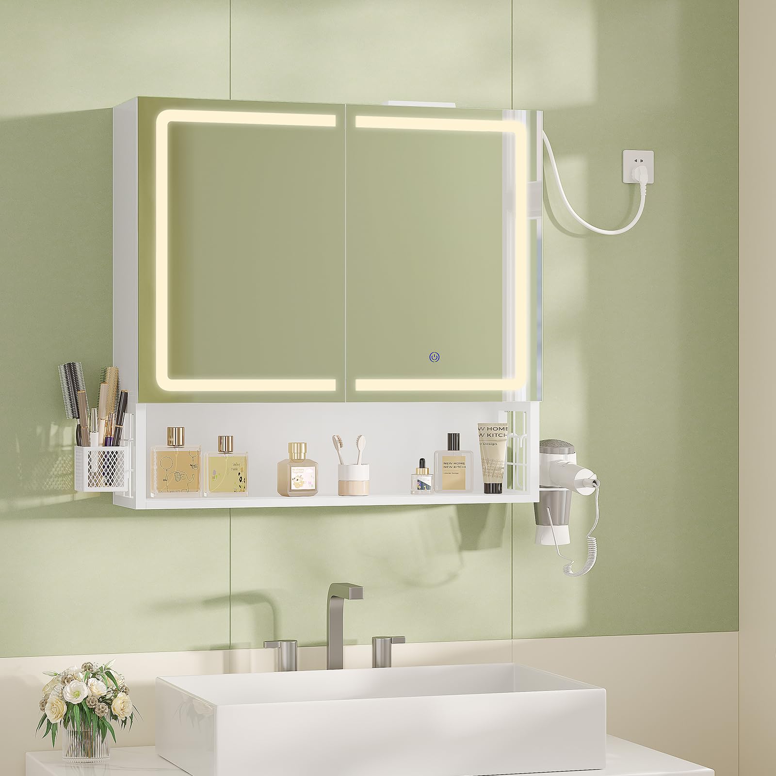 Specchio Bagno con Illuminazione LED regolabile e Presa Multipla, Specchiera Bagno con Ripiani Regolabili, Mobiletto Bagno con Specchio Grande HD e Ripiano Portaoggetti,70x16x70 cm