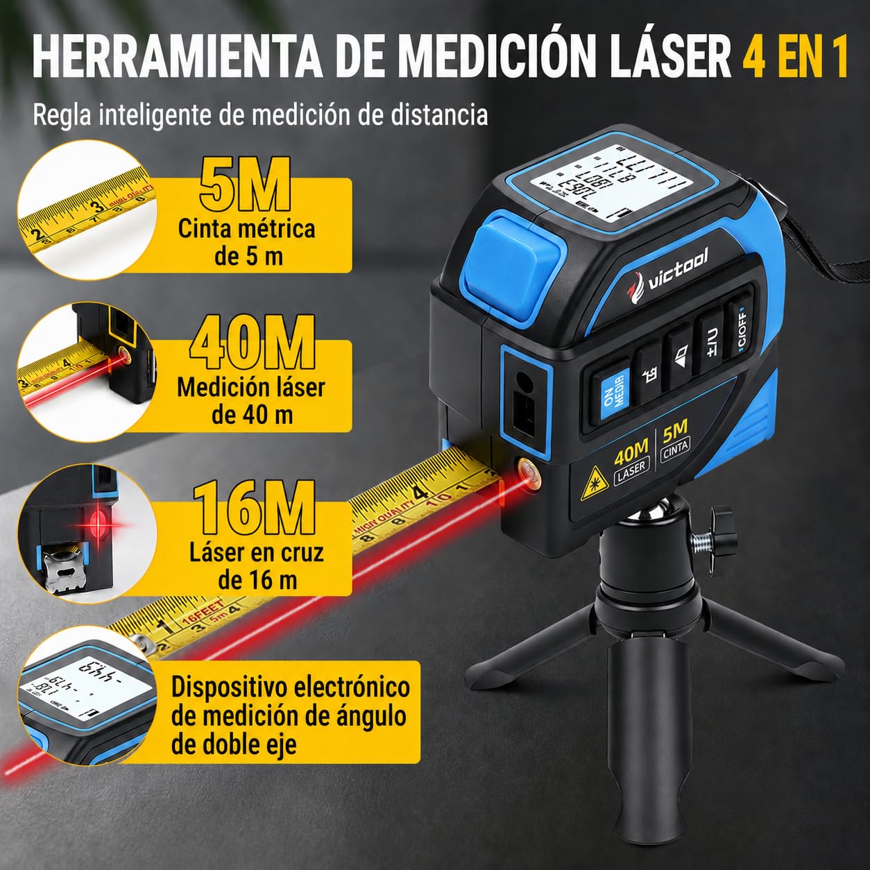 Cinta Métrica Laser 4 en 1, Medidor Laser Distancia 40m y Cinta Metrica 5m, Línea Cruzada de 16m y Trípode, Metro Digital para Bricolaje y Decoración del Hogar