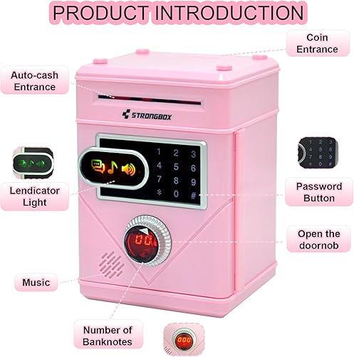 Miniatura 5 de Hucha electrónica para niños, caja de ahorro de dinero, caja de ahorro de dinero con pantalla táctil, bloqueo de código de contraseña para niños,