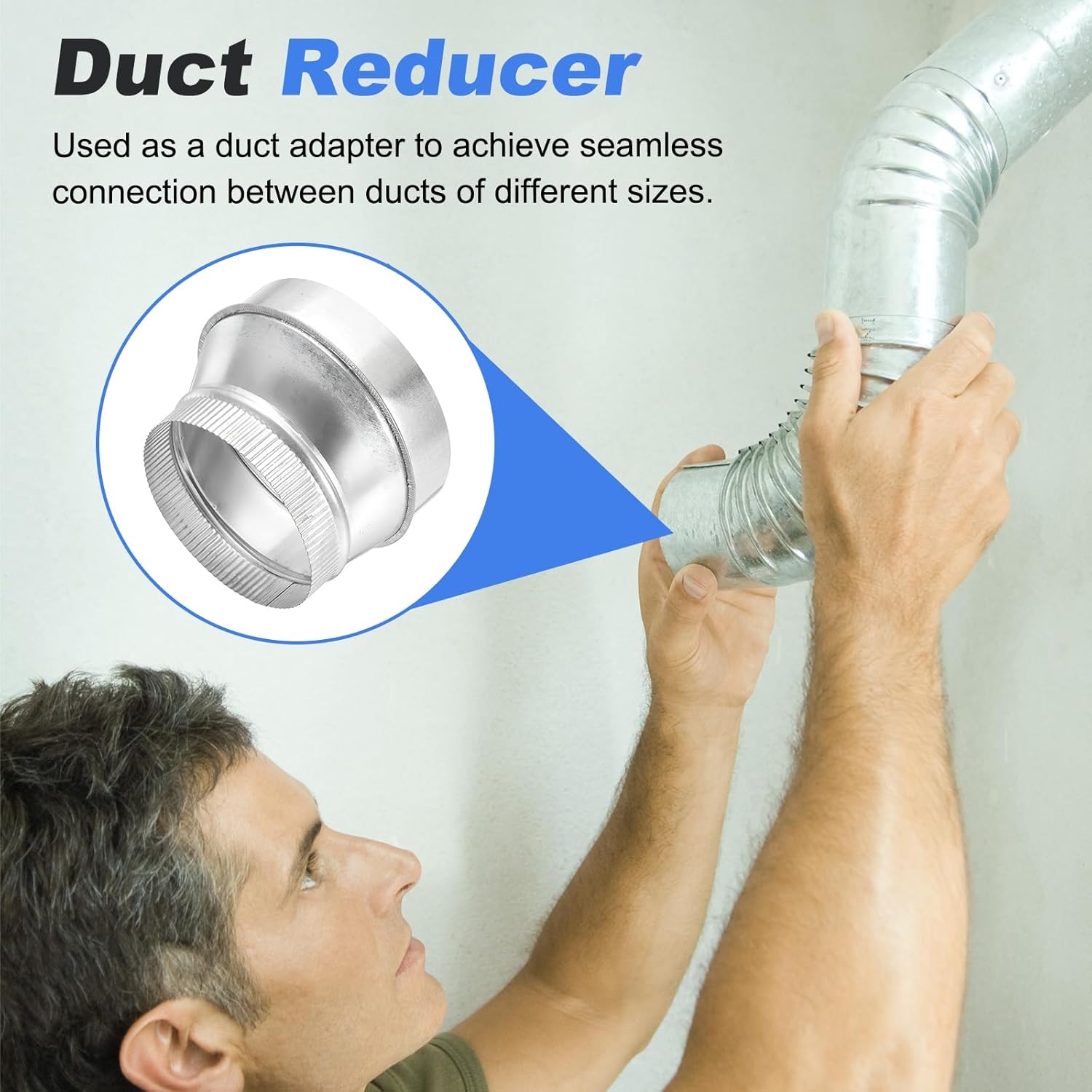 Eccentric Duct Reducer (7" to 6") - Galvanized Steel Crimped End Ducting Connector Increaser Round Air Duct Adapter Pipe Vent Inline Fitting for HVAC Ventilation System, Silver