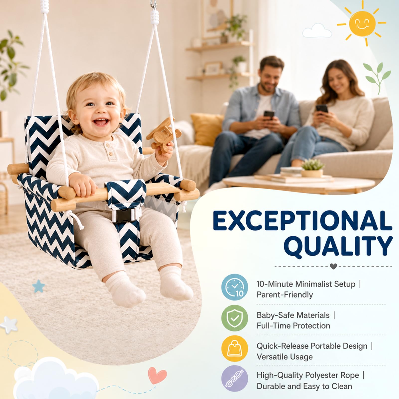 Columpio infantil de madera con cinturón de seguridad, con hebilla de seguridad, altura regulable, para interior y exterior, para marco de puerta, columpio de madera para bebés y niños de 6 meses a 3