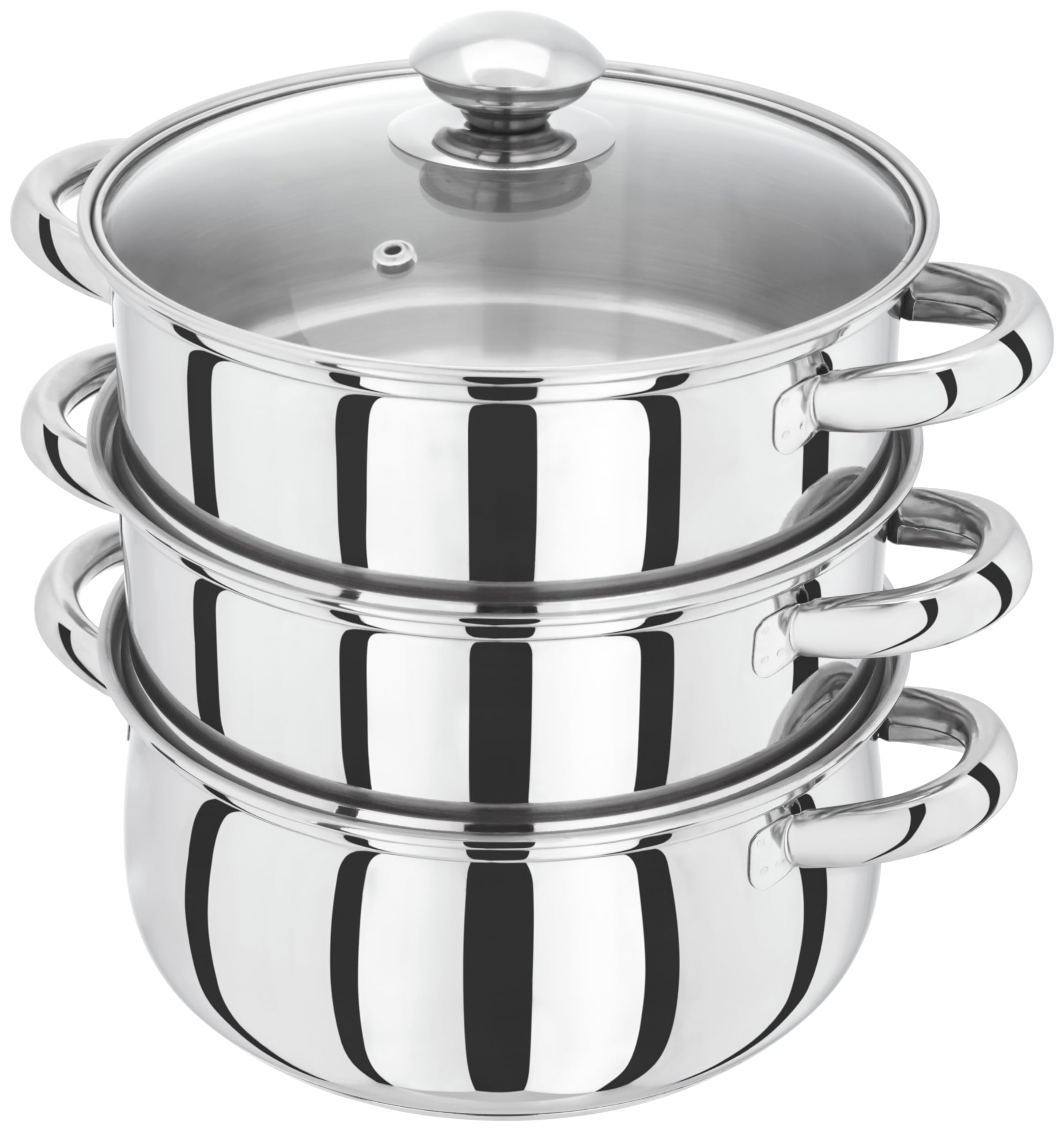 Judge Essentials Edelstahl Dampfgarer Topf, 3 Ebenen, Thermoboden & Ventilierter Glasdeckel, Ofenfester Gemüsedampfgarer mit Kühl Bleibenden Griffen - Energiesparend, Induktionsfähig – 20 cm