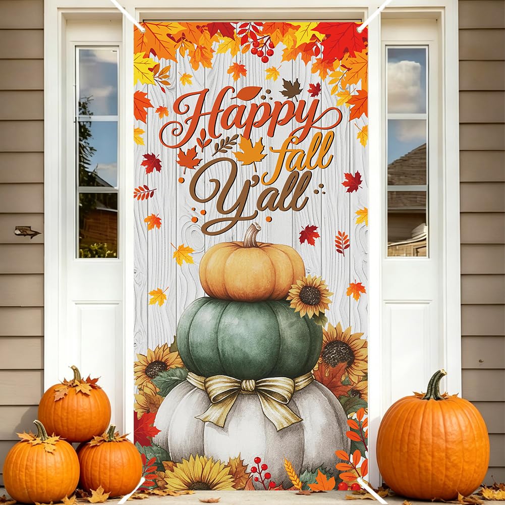 PRESSINART Autumn Door Cover 71 x 35 Inch Fall Door Banner Pumpkin Leaves Autumn Themed Thanksgiving Happy Fall Yall Banner Polyester Seasonal Photography Background for Wall Indoor Outdoor Decor