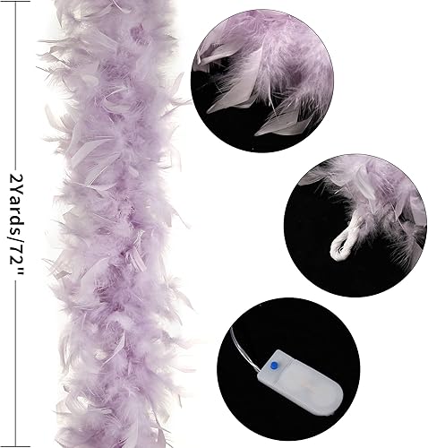 Miniatura 5 de Larryhot Boas de plumas moradas para fiesta, 2 yardas, 2.65 oz, 20 luces LED coloridas para fiestas, bodas, disfraces de Halloween, árbol de Navidad