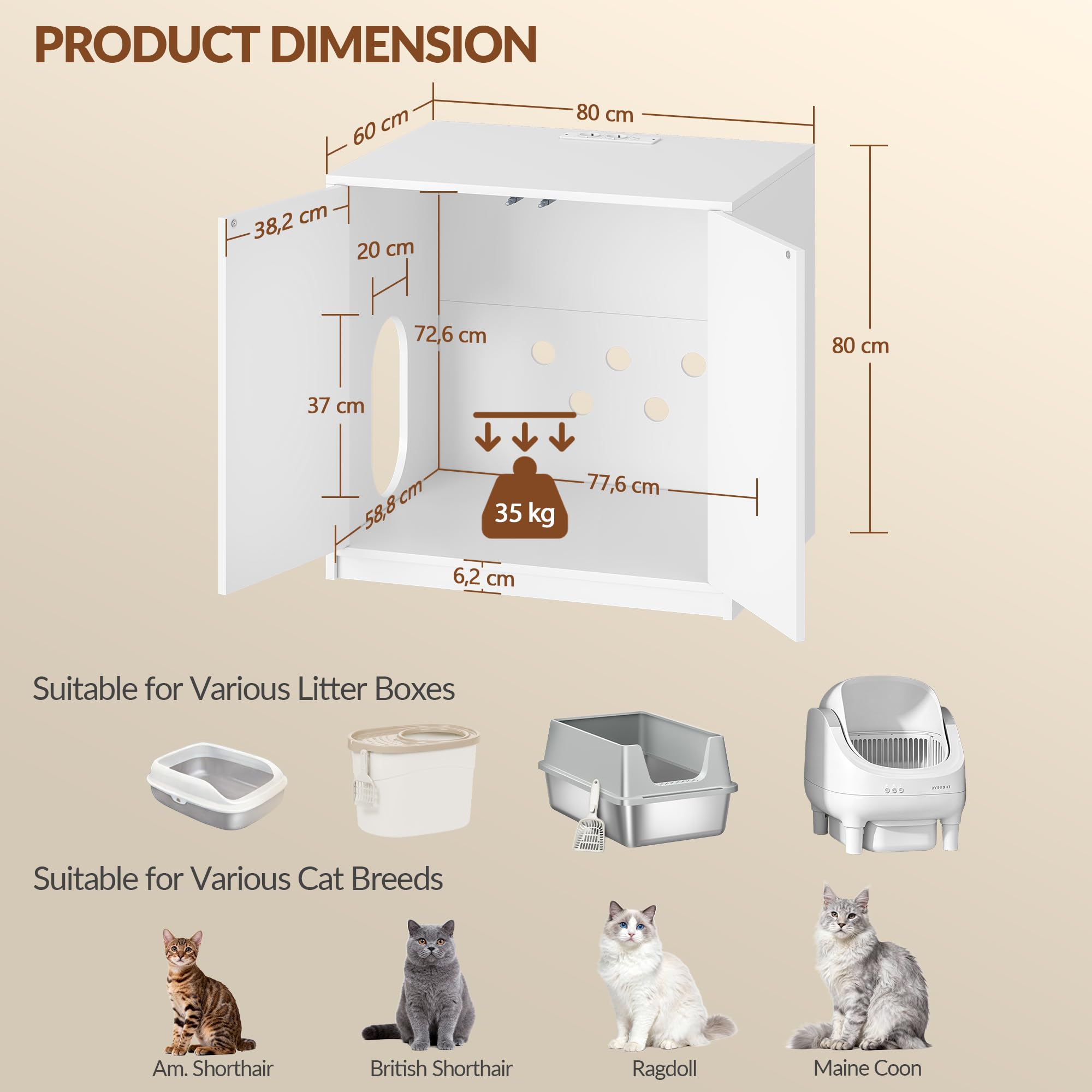 Mobile Lettiera per Gatti con Multipresa, 80 x 60 x 80cm, Bianco | Mobile per Lettiera Nascosta, Adatto per Lettiere Elettriche, Casetta per Gatti con Ingresso Laterale Regolabile FPCB202PW1EU