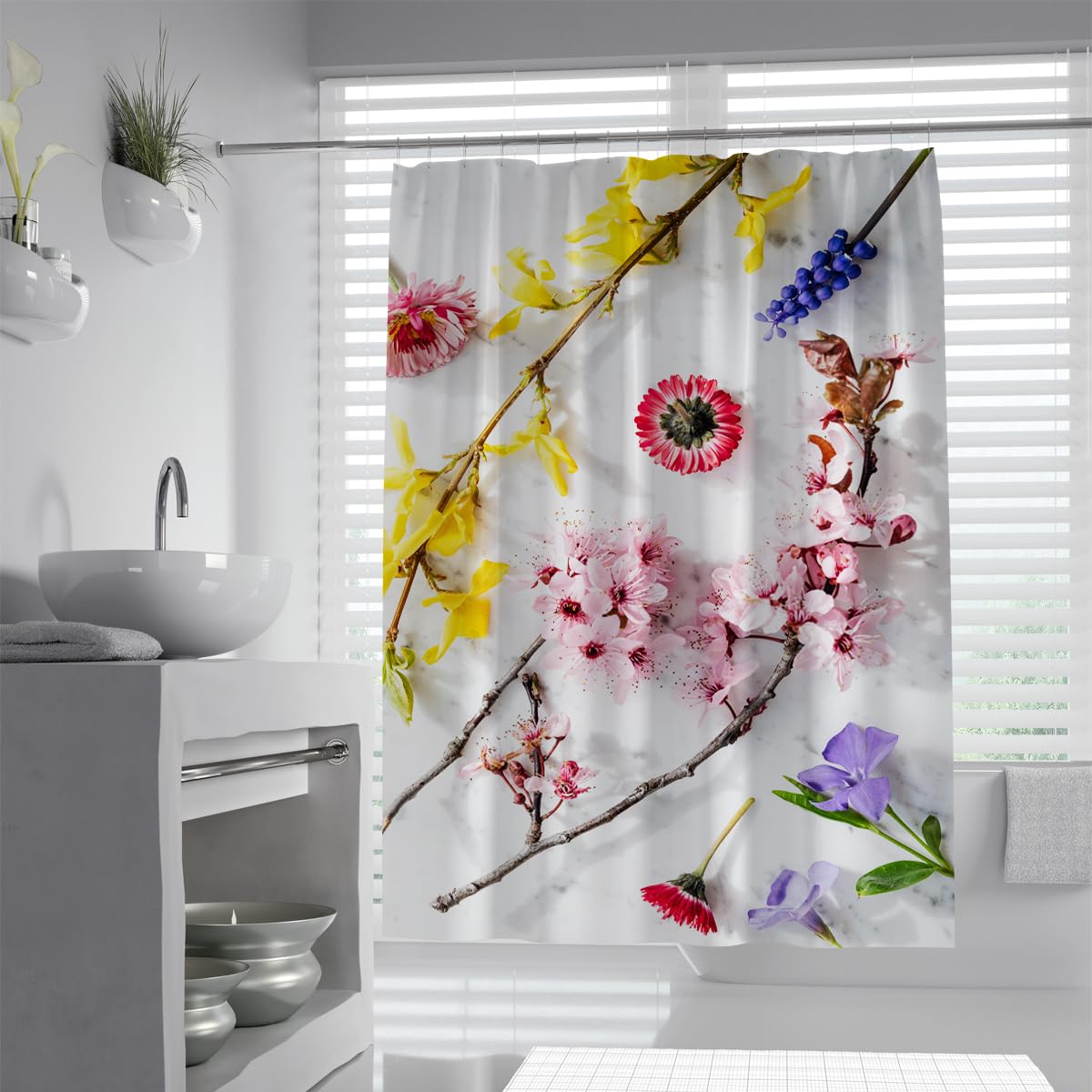 UIRINGART Spring Cherry Blossom Bath Curtain W180xL220cm Mixed Wild Floral Marble Print Waterproof Anti Mould Bathtub Enclosure with Hooks