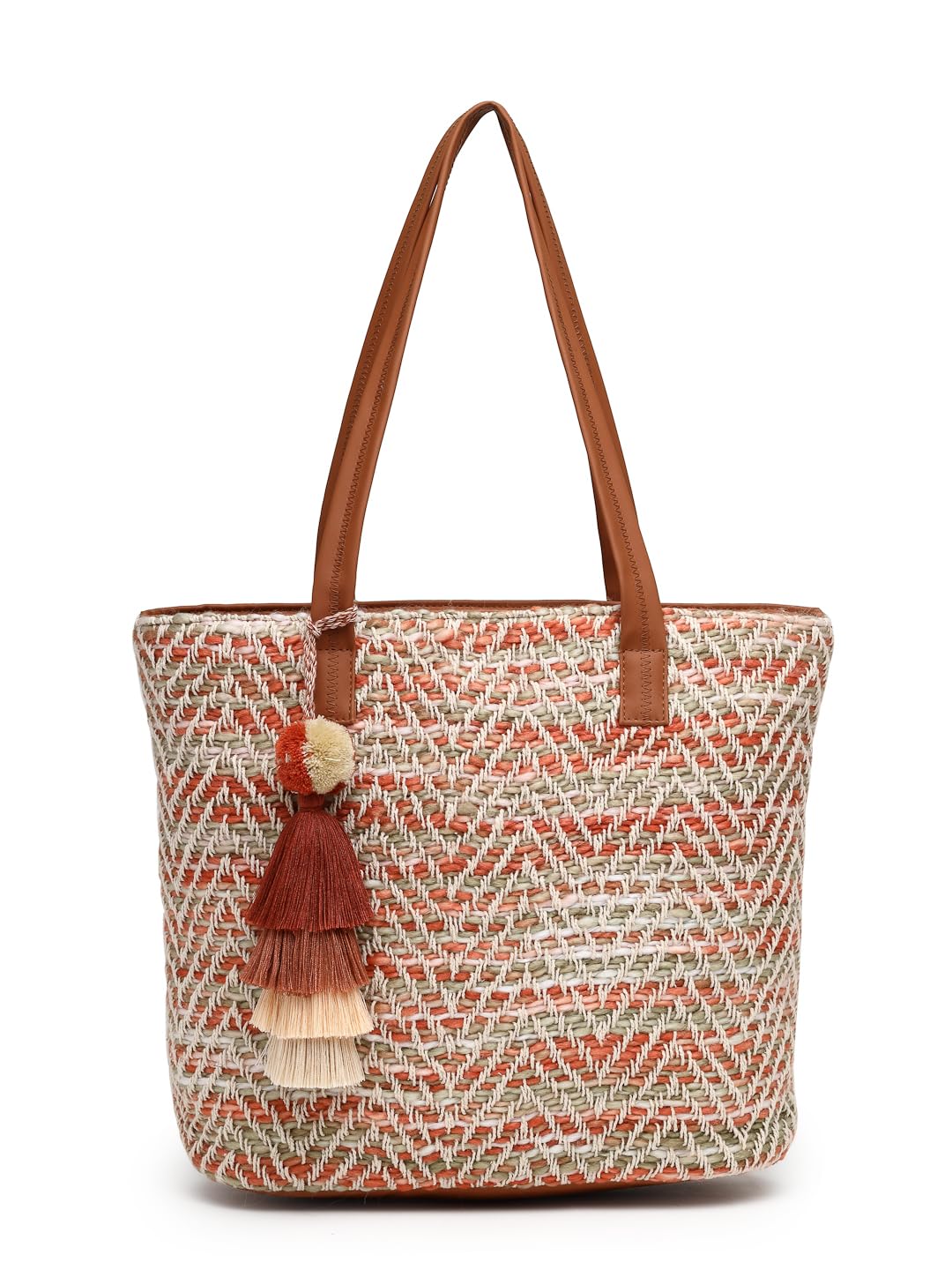 Boho Chevron Self Design Cotton Acrylic Tote Bag-image-49