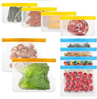 Ozchillon 10 Pack Reusable PEVA Storage Silicone Lunch Bags, Reusable Freezer Containers – BPA-Free, Gallon, Sandwich & Sn...