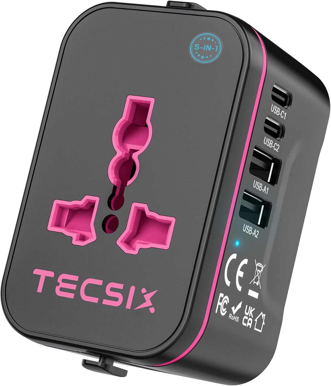 Universal Travel Adapter Worldwide, TECSIX European Travel Plug Adapter with 2 USB C, 2 USB A and Multi AC Outlets, International Power Converter for EU US UK AUS 200+ Countries Type A C G I