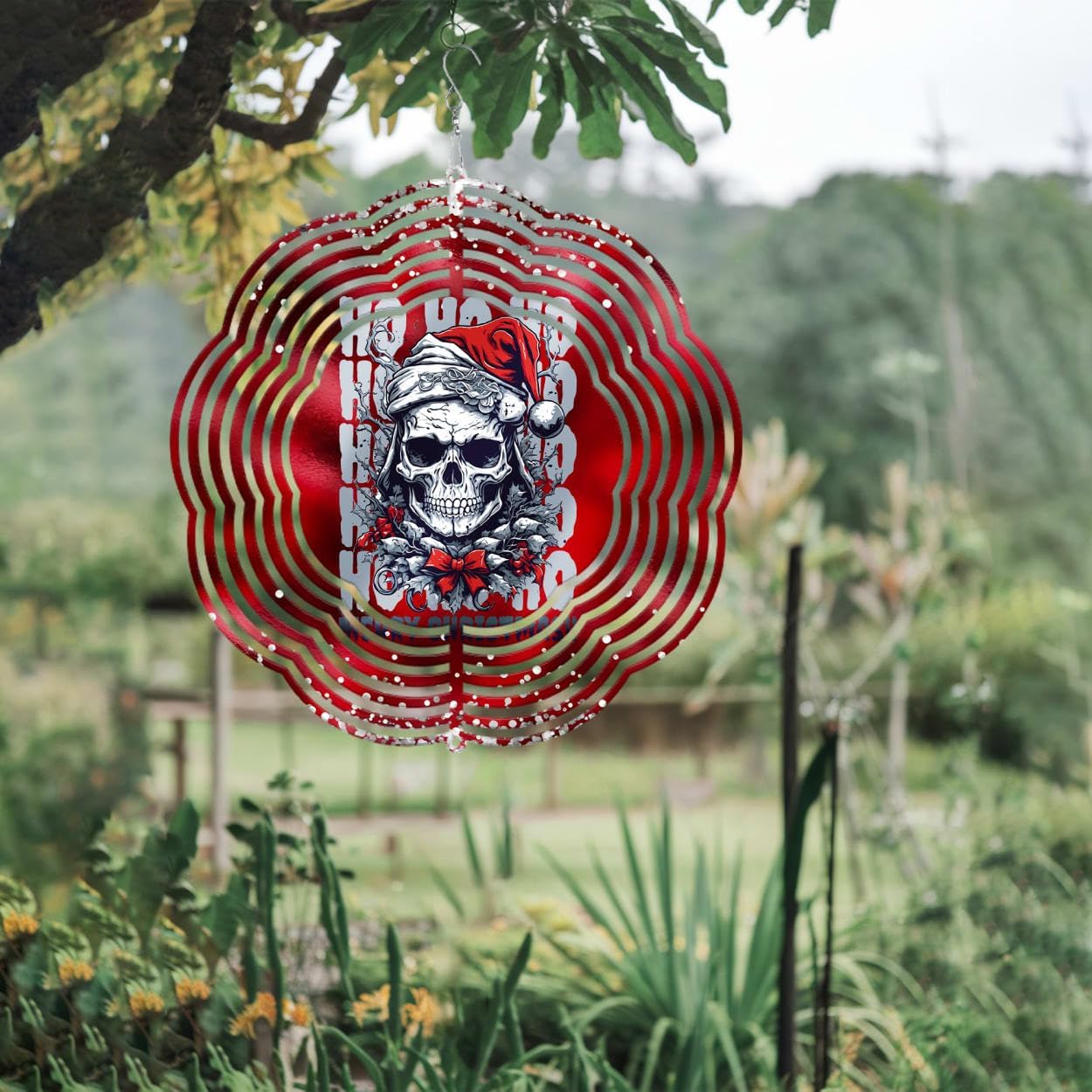 Skeleton Hohoho Merry Christmas Wind Spinners 3D Stainless Steel Laser Cut Metal Double Sided Printing-Hanging Indoor/Outdoor Decorations Yard Gardening Decor,Metal Kinetic Art 14x14 inches