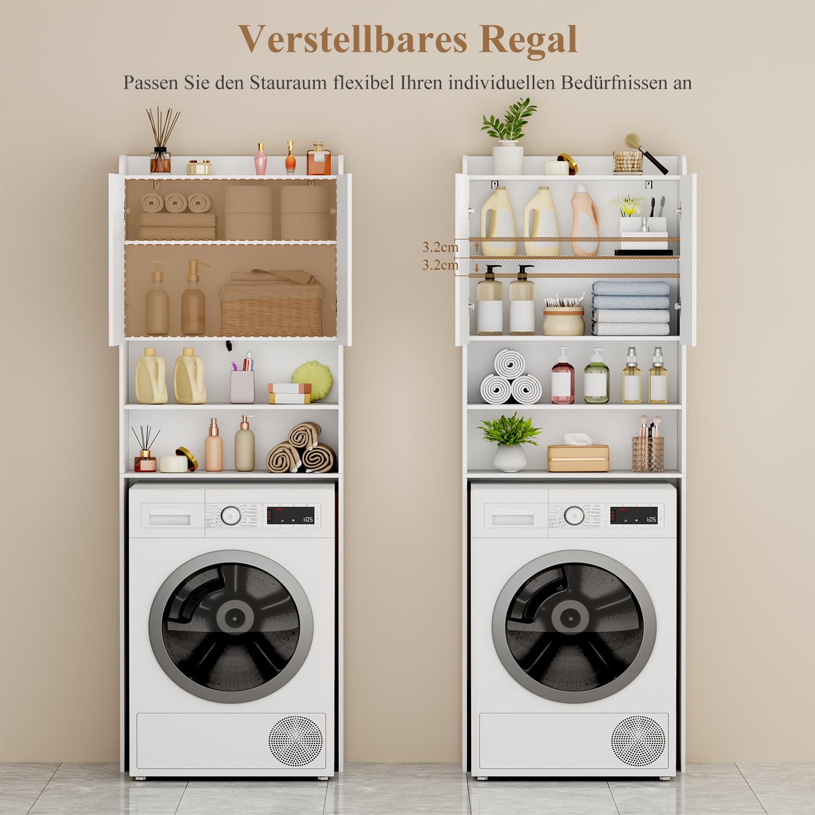 BEWISHOME Waschmaschinenschrank,Hochschrank,Waschmaschinenregal mit 2 Türen & 2 offenen Fächern,Verstellbare Ablagen,Badezimmerregal über Waschmaschine/Toilette,24×65×185 cm,Weiß EYYG19W