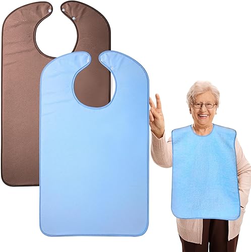 Paquete de 2 baberos para adultos, para hombres y mujeres, tela de rizo para comer, súper absorbente y lavable, ajustable, para ancianos,