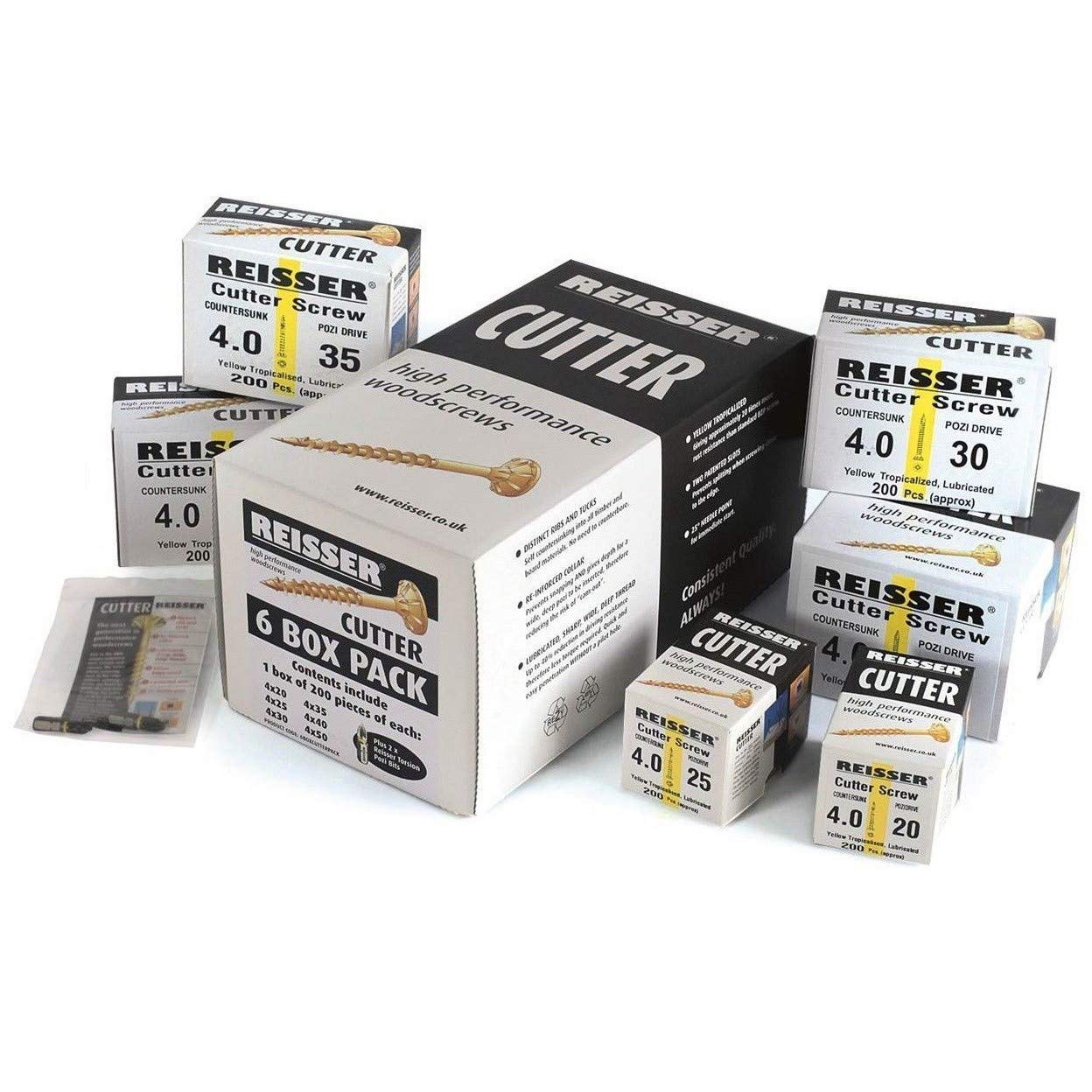Reisser 6BOXCUTTERPACK Cutter Trial Pack (6 sizes-1200 Pieces) c/w 2 PZ2 Driver Bits, Yellow