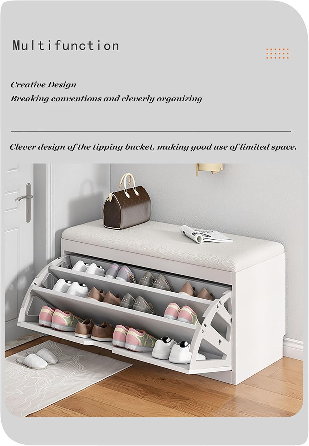 Modern Shoe Storage Bench with Flip Drawers & Padded Seat Cushion,Entryway Bench Shoe Rack Bench,Hidden Shoe Cabinet Organizer for Hallway, Bedroom Mudroom (Three fold White Leather, 100×30×48cm)