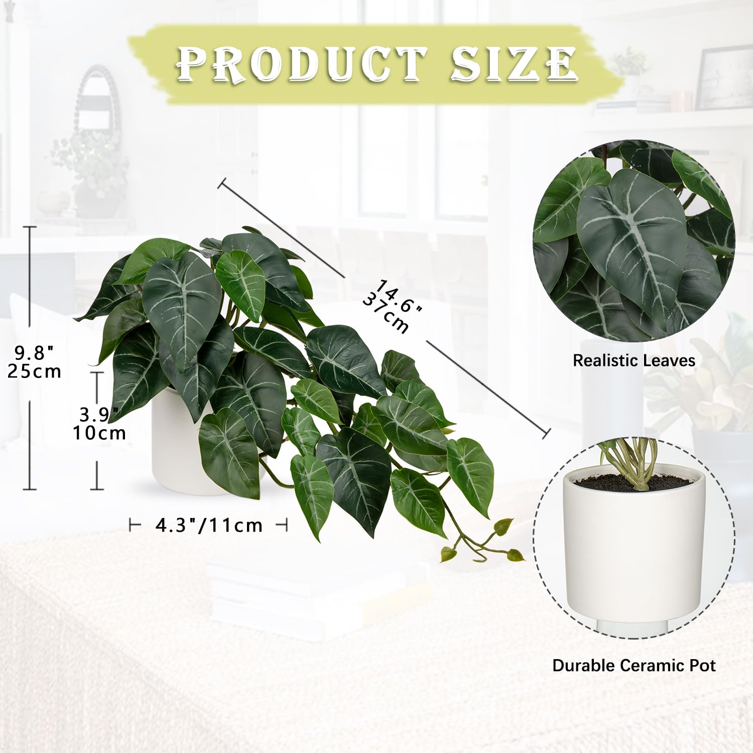 Hollyone Artificial Plants in Ceramic Pots, Fake Taro Leaves Decorative Faux Potted Plants - Image 2