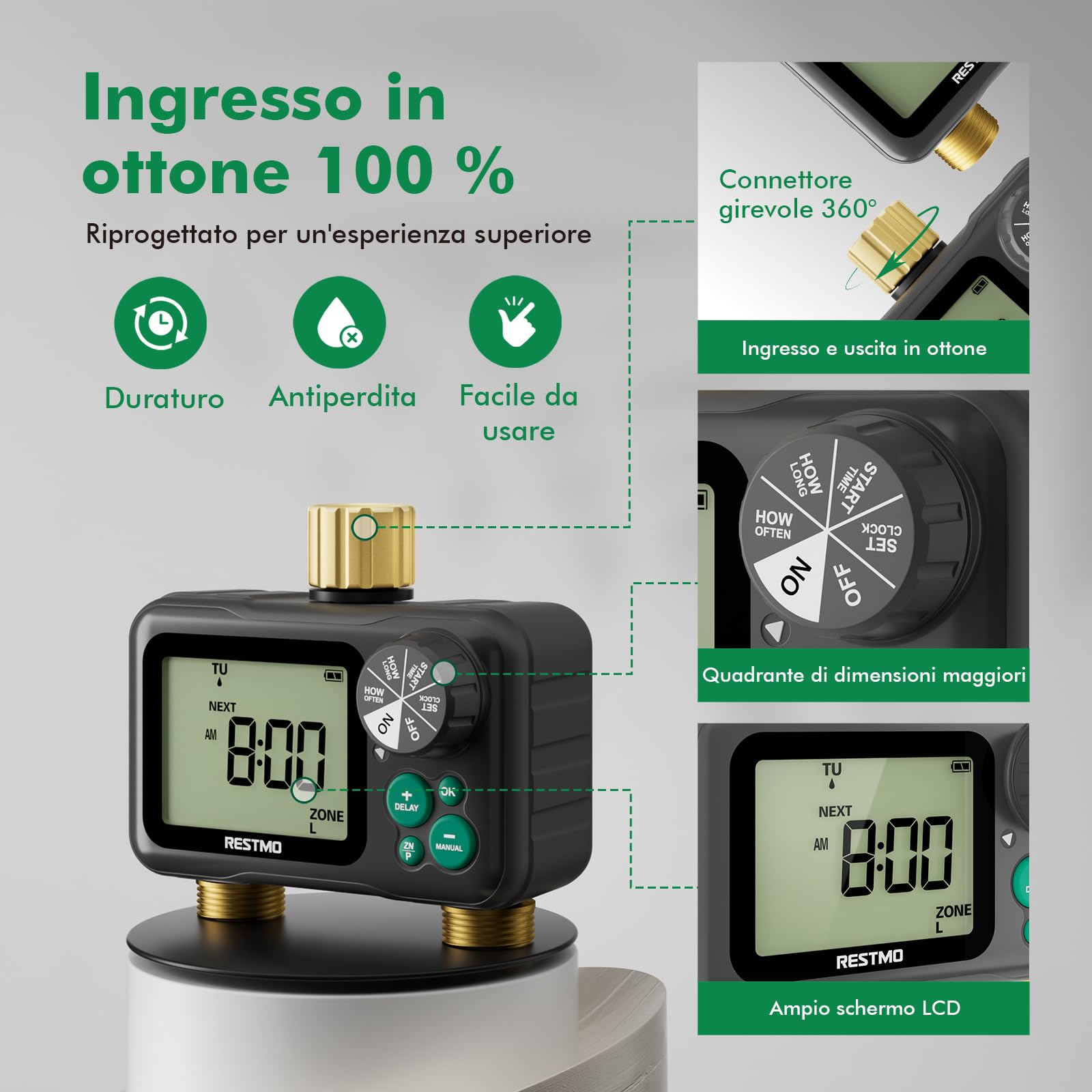 RESTMO Computer di Irrigazione a 2 Zona con Chip RF e Telecomando | Automatico/Manuale/Ritardo della Pioggia, Timer di Irrigazione, Per Tubo da Giardino, Rubinetto dell'Acqua Esterno, Prato