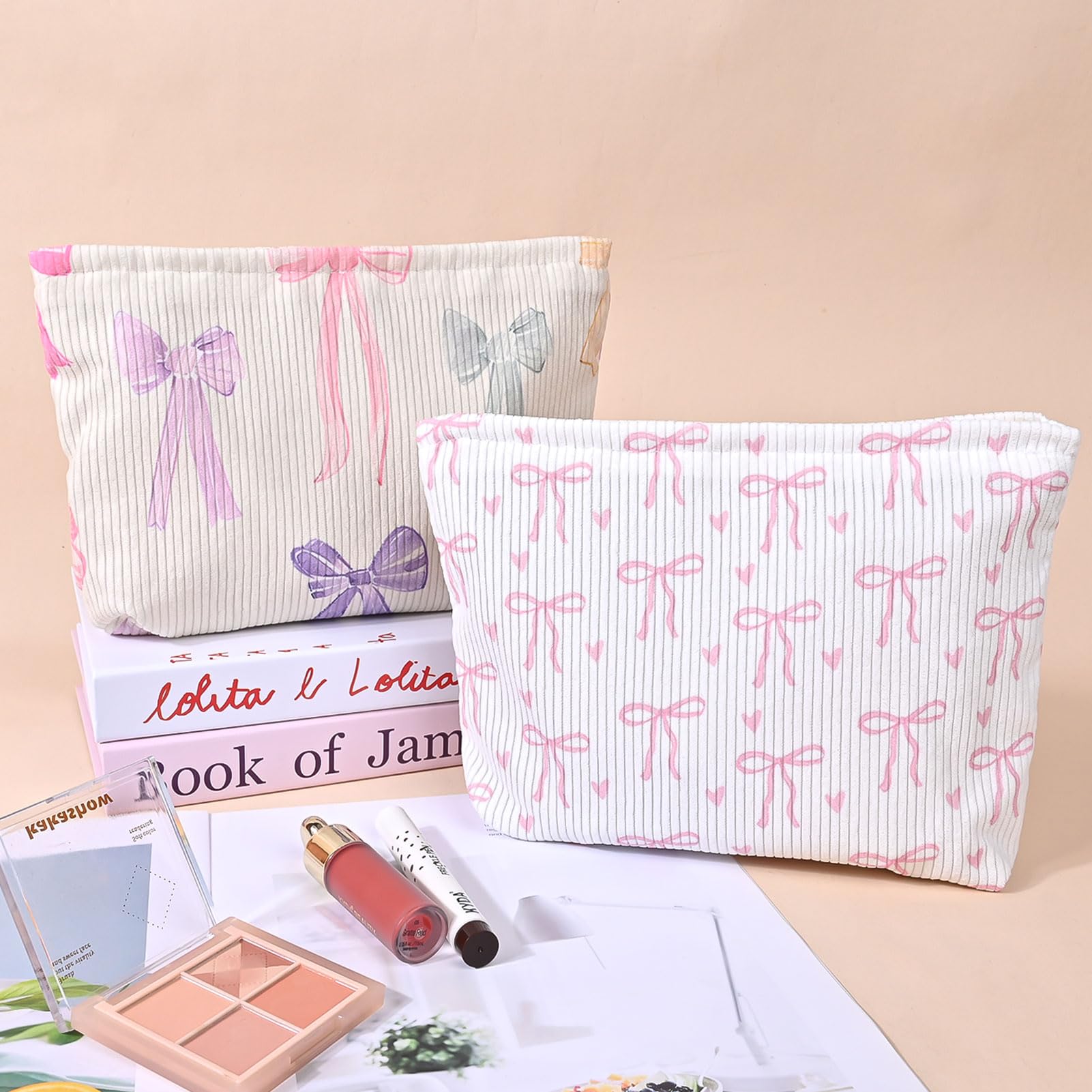Ksriylm Pink Bow Cosmetic Bag for Women,Cute Canvas Toiletry Organizer Storage with Purse Zipper,Small Multifunctional Travel Makeup Bag,Aesthetic Travel Toiletry Bags - Image 3