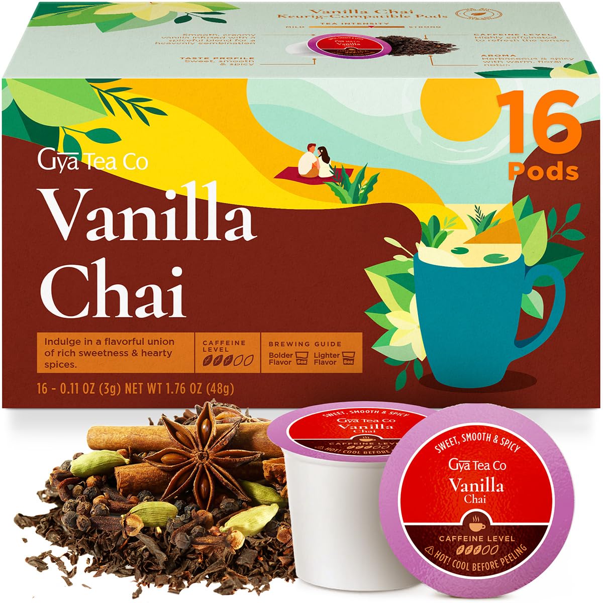 Gya Tea Co Caffeinated Vanilla Chai Black Tea Pod (16 Count) - Smooth, Flavourful, Robust, Enjoy Hot or Iced