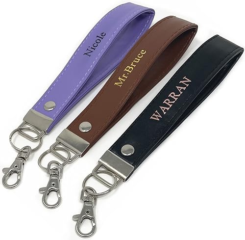 Personalized PU Leather Wristlet Keychain with Key Ring and Lobster Hook, Custom Initials Name Date or Phrase,