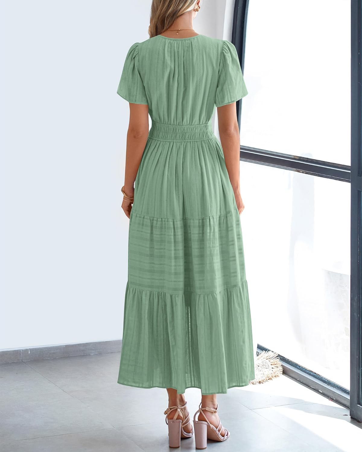 BTFBM Womens Summer 2026 Casual Midi Maxi Dresses Lightweight Short Sleeve V Neck Elastic Waist Boho Beach Dress Pockets - Image 3