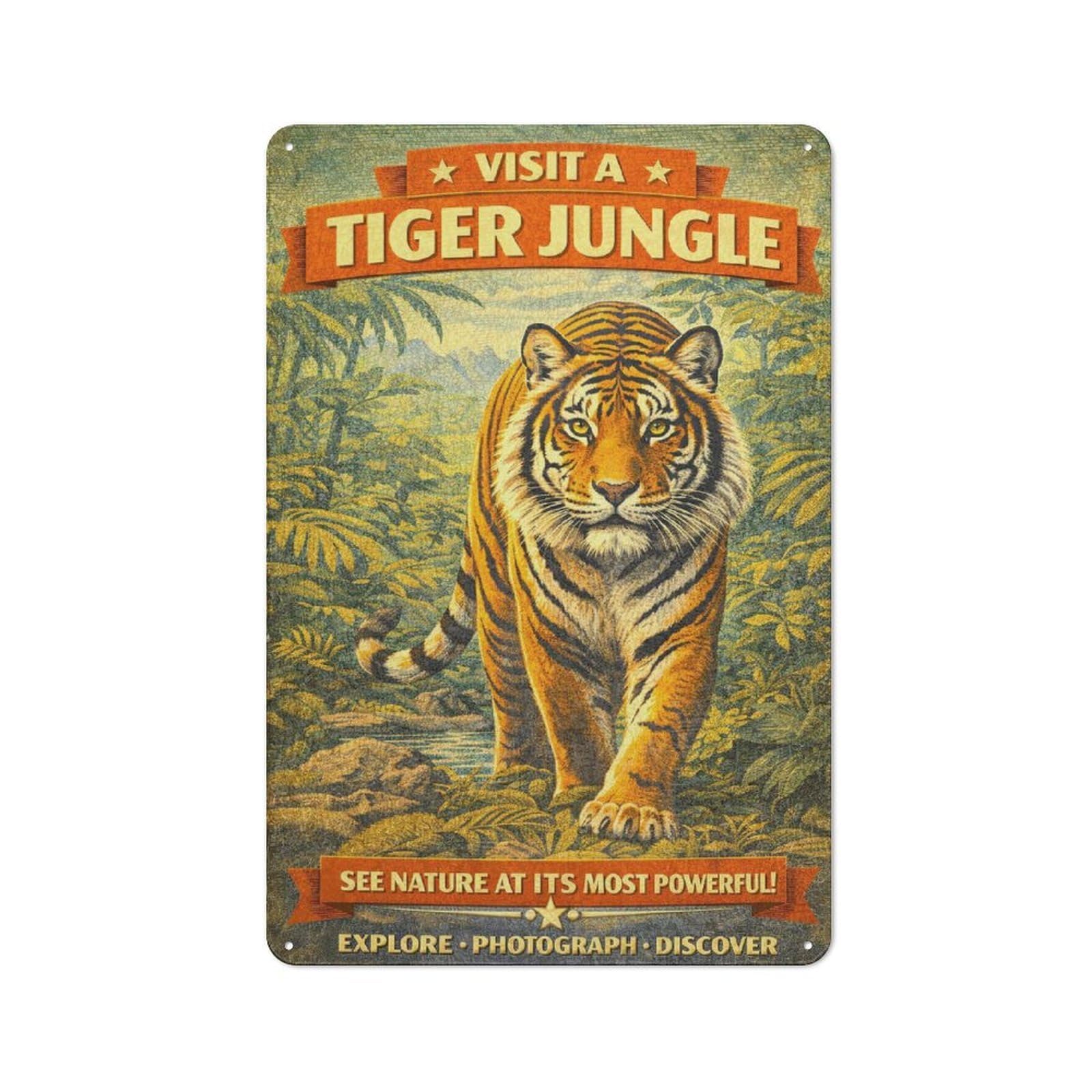 Junmoney Style-3 Visit A Tiger Jungle Vintage Retro Tin Wall Plaque 30X20cm For Hobby Room Or Studio, For Garage, Workshop And Man Cave Decoration
