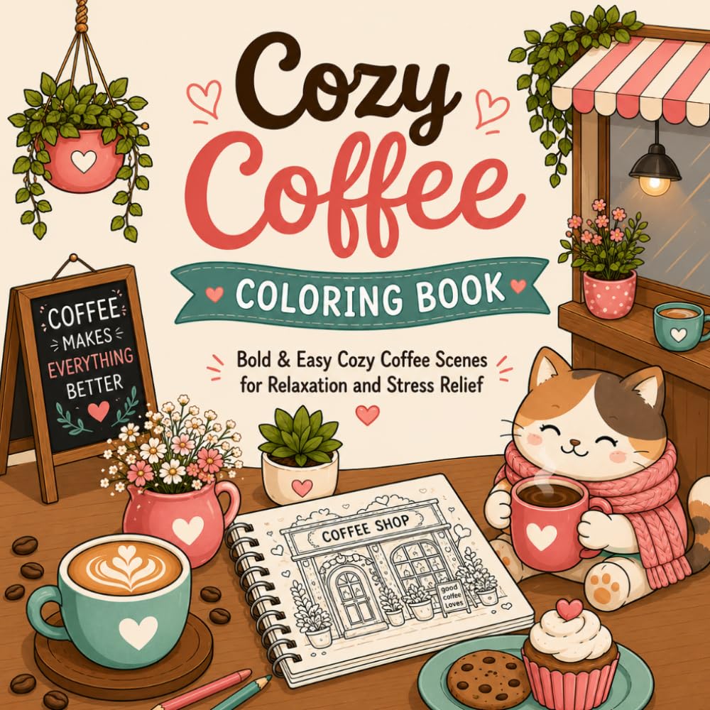 COZY COFFEE COLORING BOOK: Bold & Easy Cozy Coffee Scenes for Relaxation and Stress Relief
