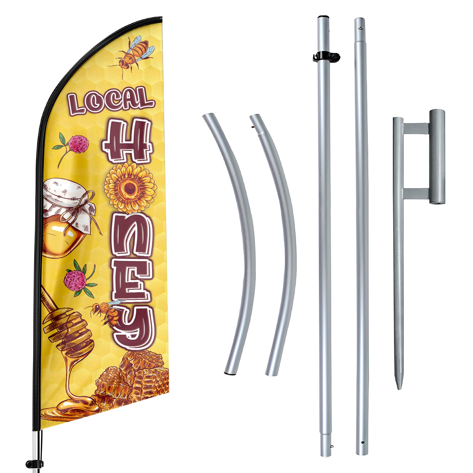 FSFLAG Local Honey Advertising Swooper Flag Banner, 11Ft Local Honey Feather Flag with Flag Pole and Ground Stake, Advertising Feather Banner Sign for Local Honey Business