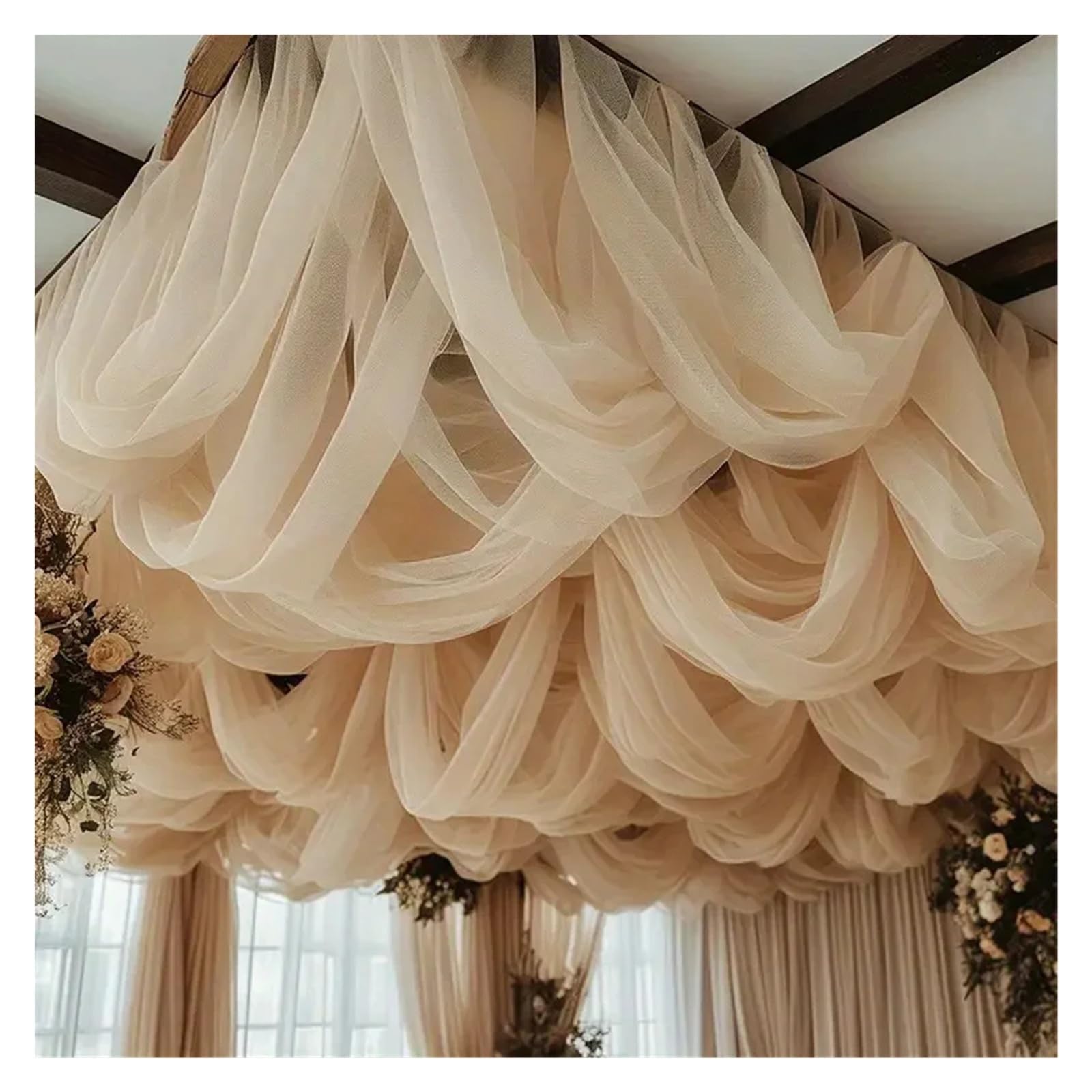 DeckenvorhäNge FüR Hochzeitsfeiern 50 m Überlänge, transparenter Champagner-Tüll – DIY-Party, Hochzeit, Bogendekoration, Deckentischläufer, Schal, Gaze-Volant-Dekor(Champagne)