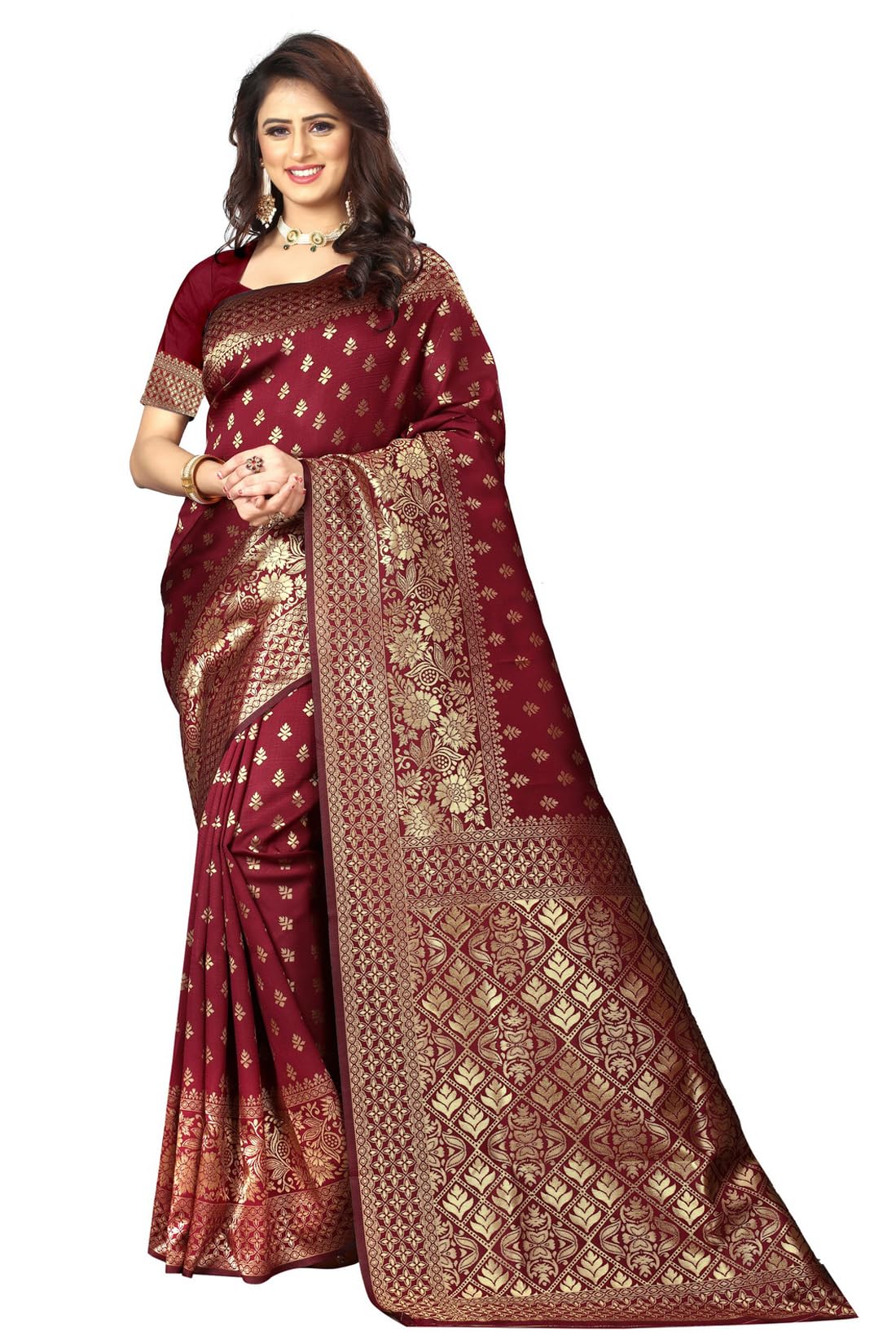 Sugathari Women's Banarasi Saree Pure Kanjivaram Silk Saree Soft New Ladies 2023 Design Wear Pattu Sarees Latest Cotton Party Sari Collections With Blouse Piece For Wedding Sadi (Pari 73 Maroon)
