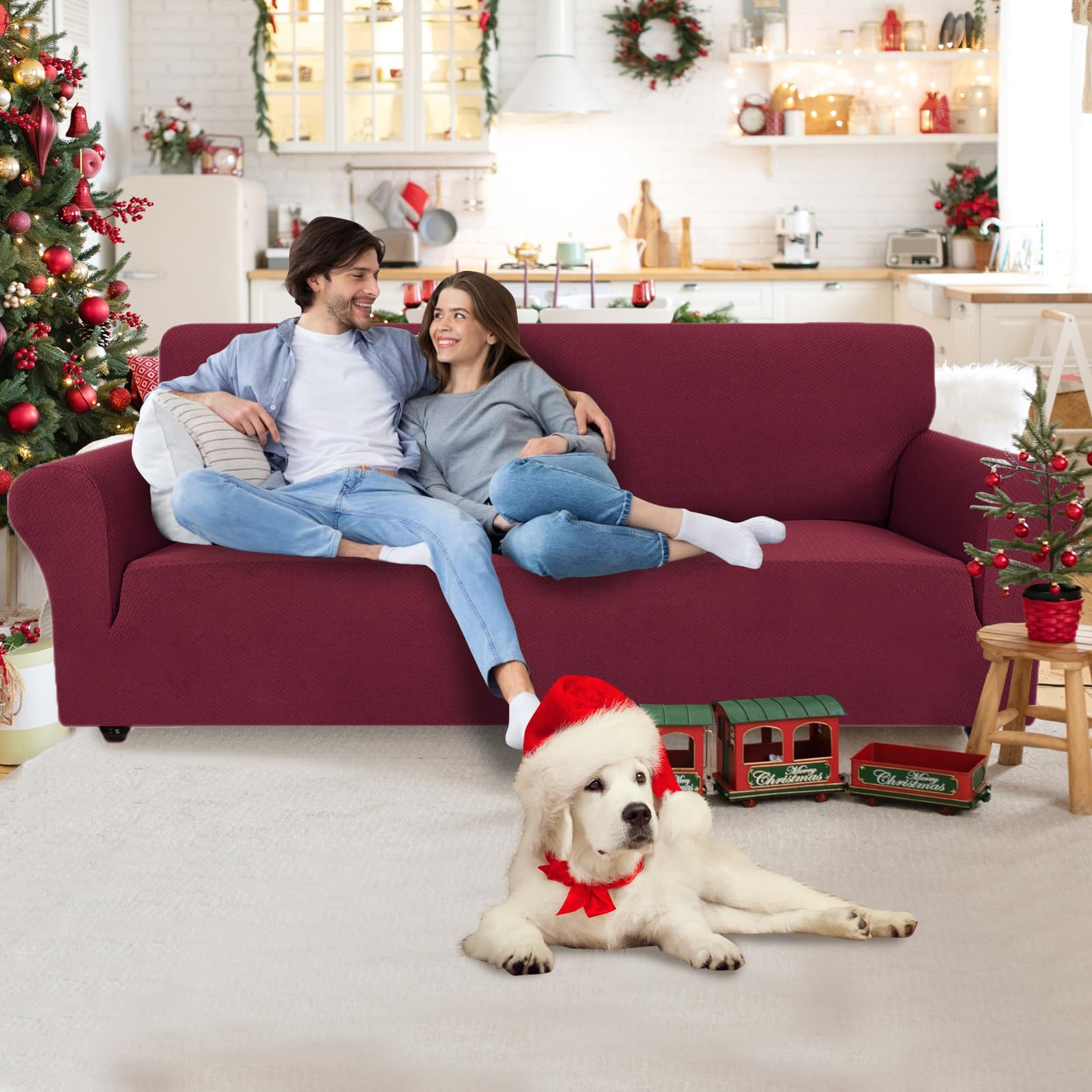 CYCMACO Copridivano 3 Posti Con Braccioli, Copridivani Elasticizzato Antiscivolo, Universale Moderno Copri Divano Antigraffio, Sofa Cover Antimacchia, Lavabile In Lavatrice, Borgogna