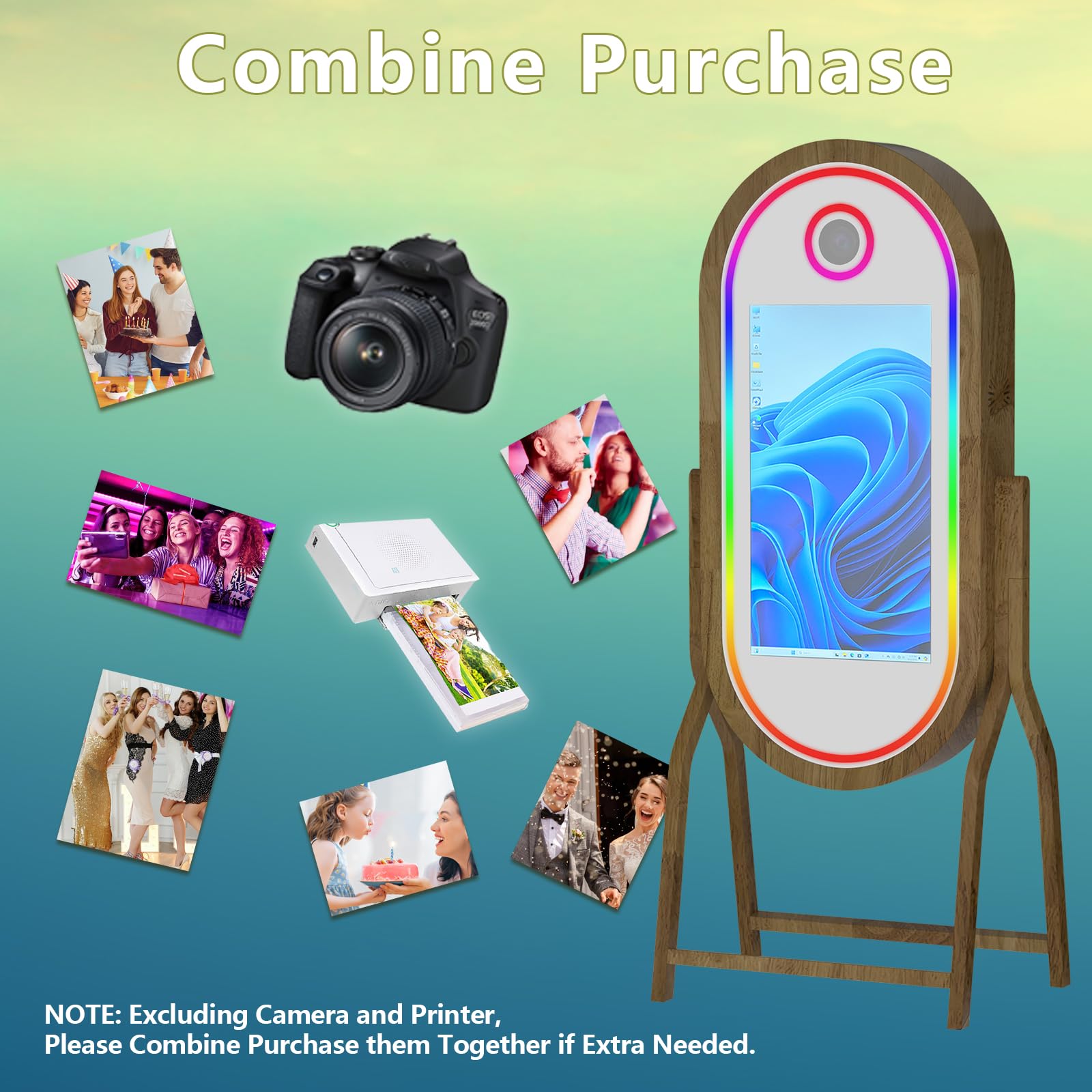 Appareil photo miroir magique de 152,4 cm avec écran tactile de 81,3 cm, support pour selfie, cadre lumineux RVB et étui de vol pour événement, location, fête de mariage (machine + mini imprimante)