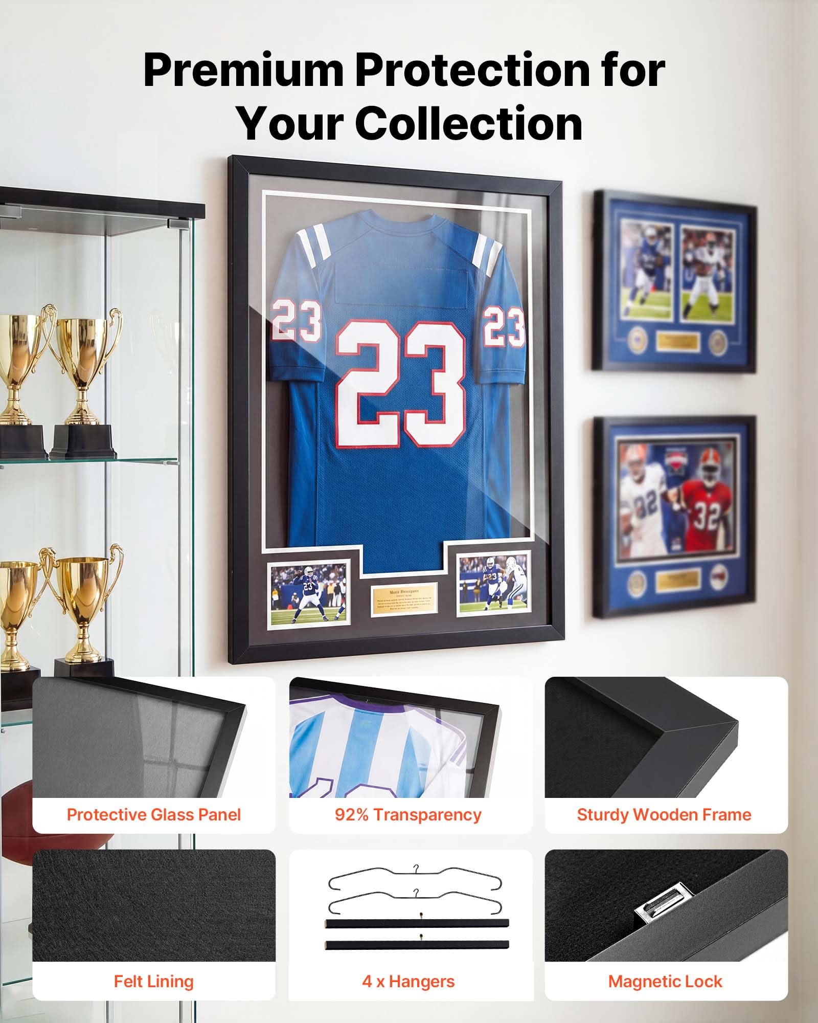 VEVOR Marco de Camisetas de Madera 59 x 79,5 cm, Vitrina para Camisetas Deportivas con Panel de Policarbonato con Protección UV, Expositor para Uniformes de Baloncesto, Fútbol, 2 Piezas, Negro