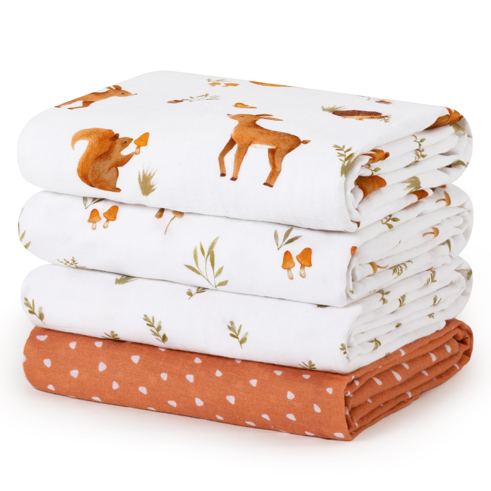 david's kids 4 pack baby muslin swaddle blankets, 100% cotton and ultra soft breathable receiving blanket wrap for boys girls, new born essentials, large 47 x 47 inches, forest animals