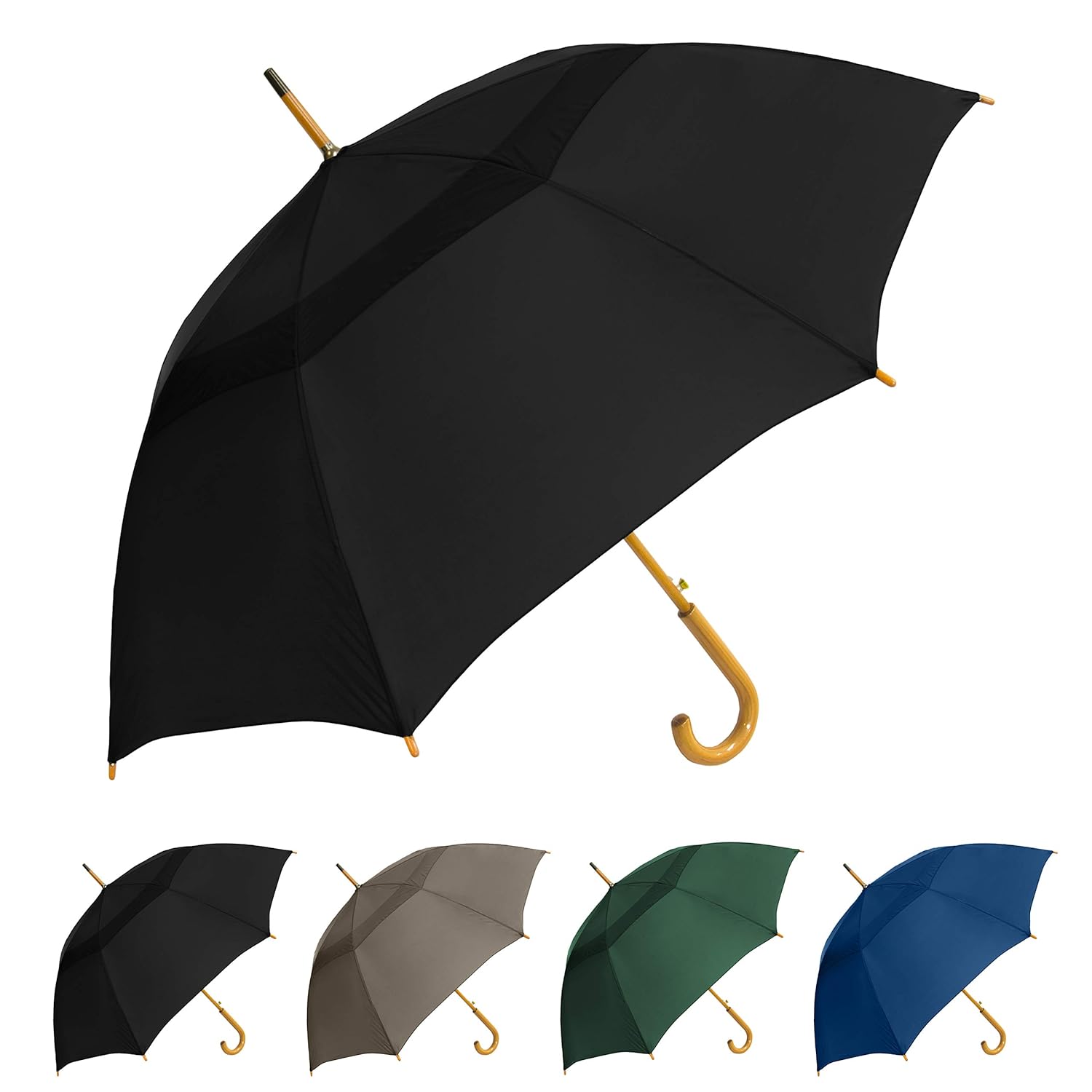 The Vented Urban Brolly 48 Arc Automatic Open Large Windproof Golf Umbrella Classic Umbrella with Wooden J Handle