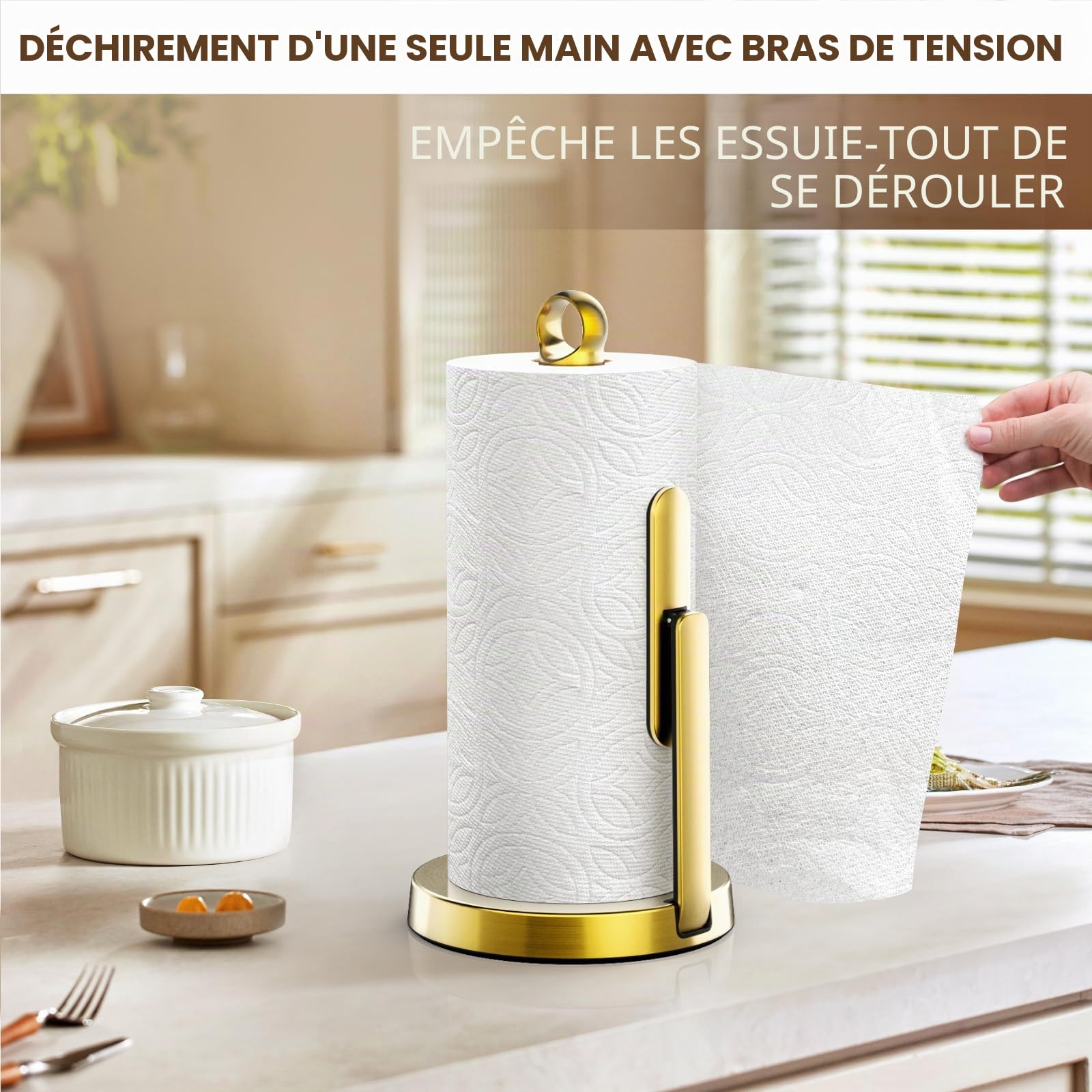 theaoo Porte-Serviettes en Papier Robuste en Acier Inoxydable avec Bras de Tension - Facile à déchirer d'une Seule Main - Distributeur Moderne pour comptoir de Cuisine - Peut contenir Tous Les