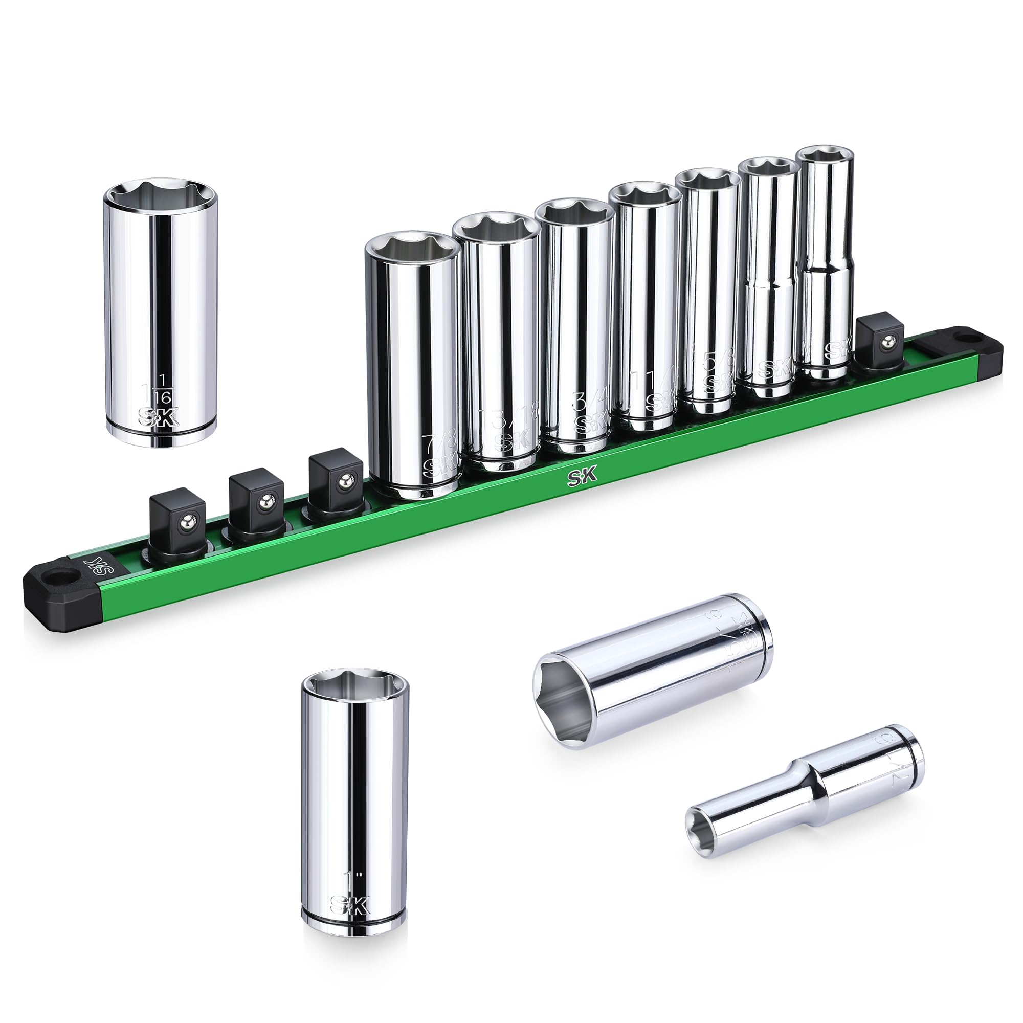SK 1/2" Drive Socket Set, Deep SAE Sockets, 11-Piece 7/16" to 1-1/16", SuperKrome Finish, Premium CR-V Construction, with Aluminum Socket Organizer