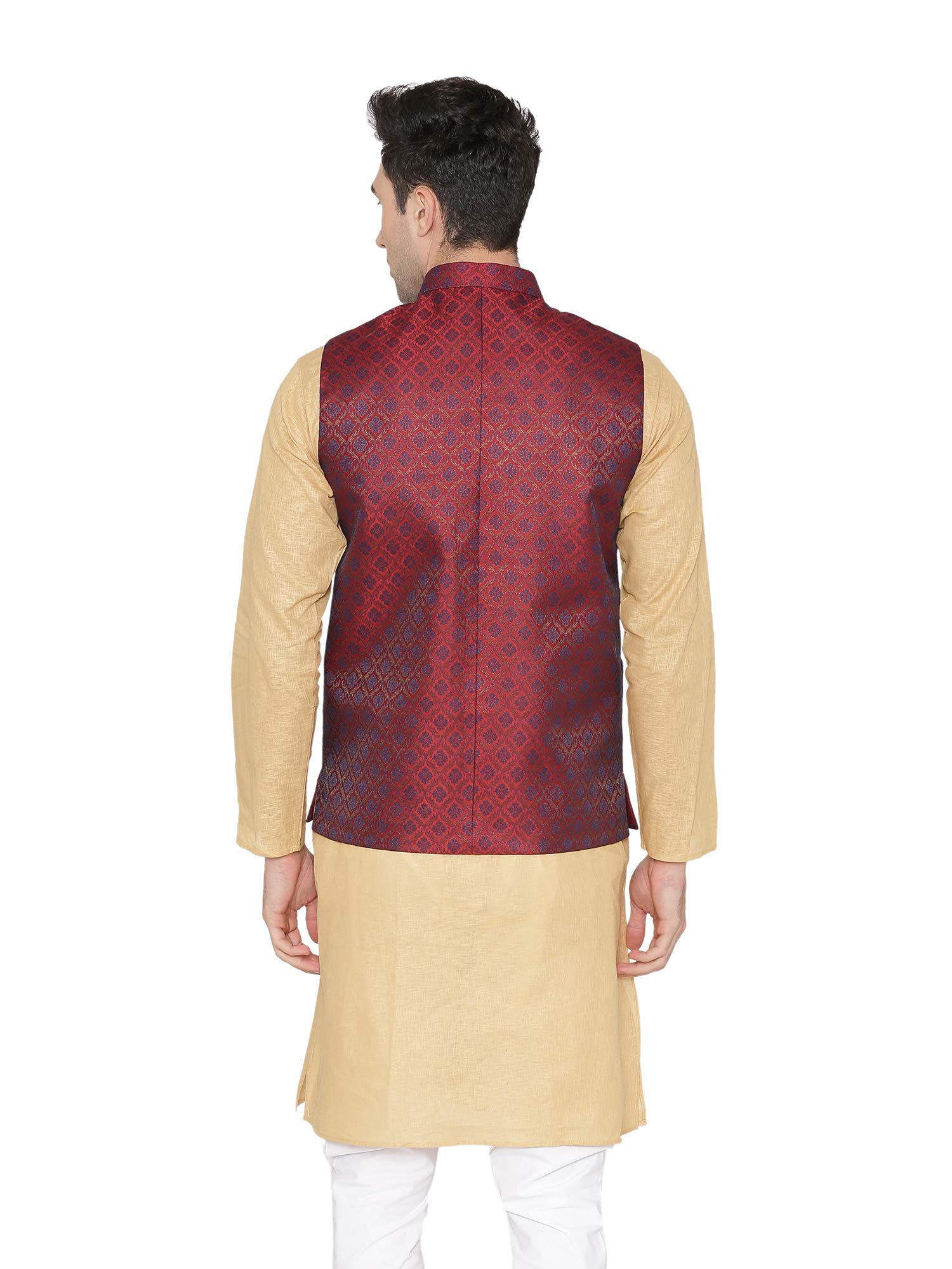 WINTAGE Men's Banarasi Rayon Cotton Casual and Festive Nehru Jacket Vest Waistcoat : Maroon 1