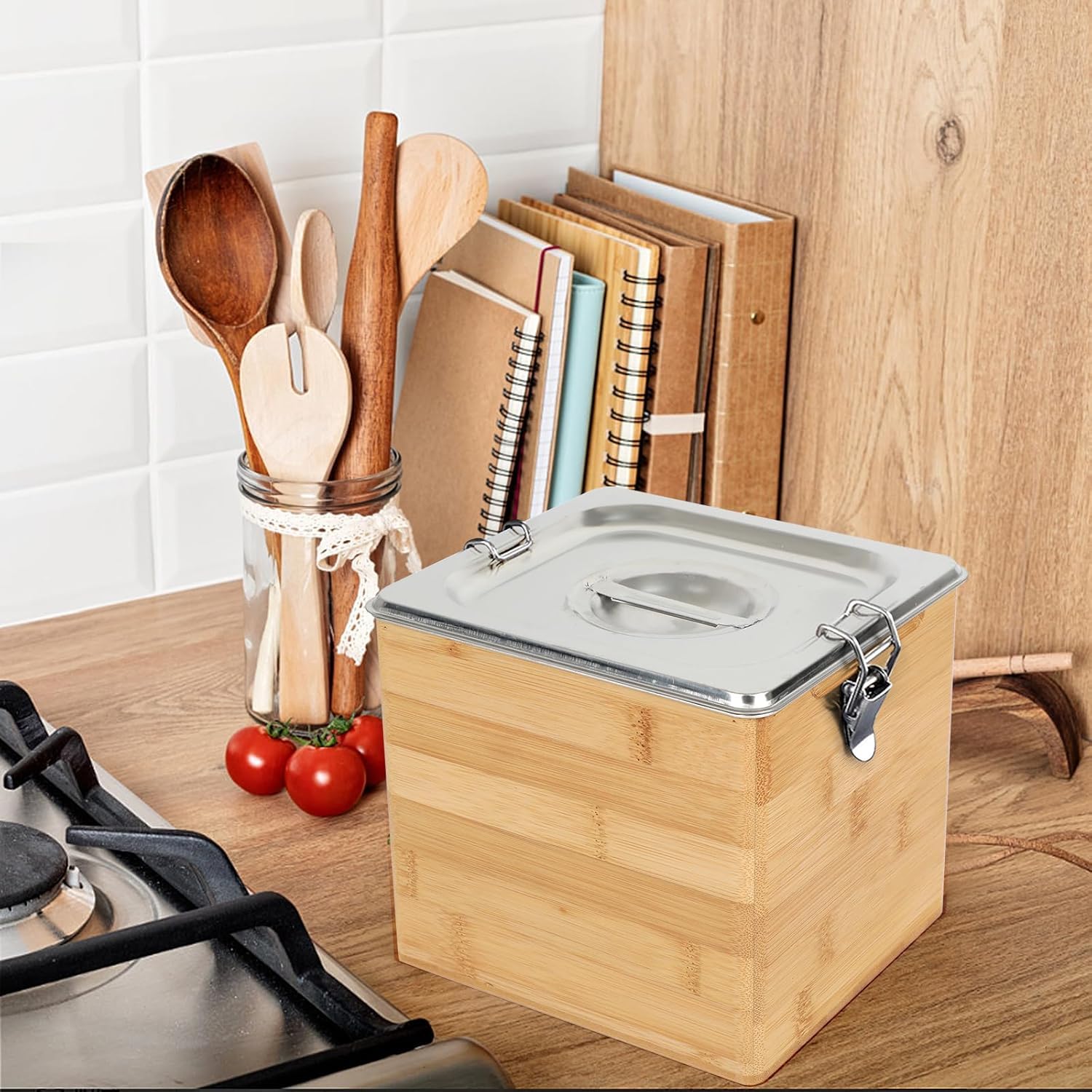 Biomülleimer Küche Bambus aus Holz & Edelstahl, 4,5L Komposteimer für Küche mit Deckel, Herausnehmbarer Einsatz Biomüll Behälter für Küche Arbeitsplatte, Büro, Spülmaschinenfest (3L)