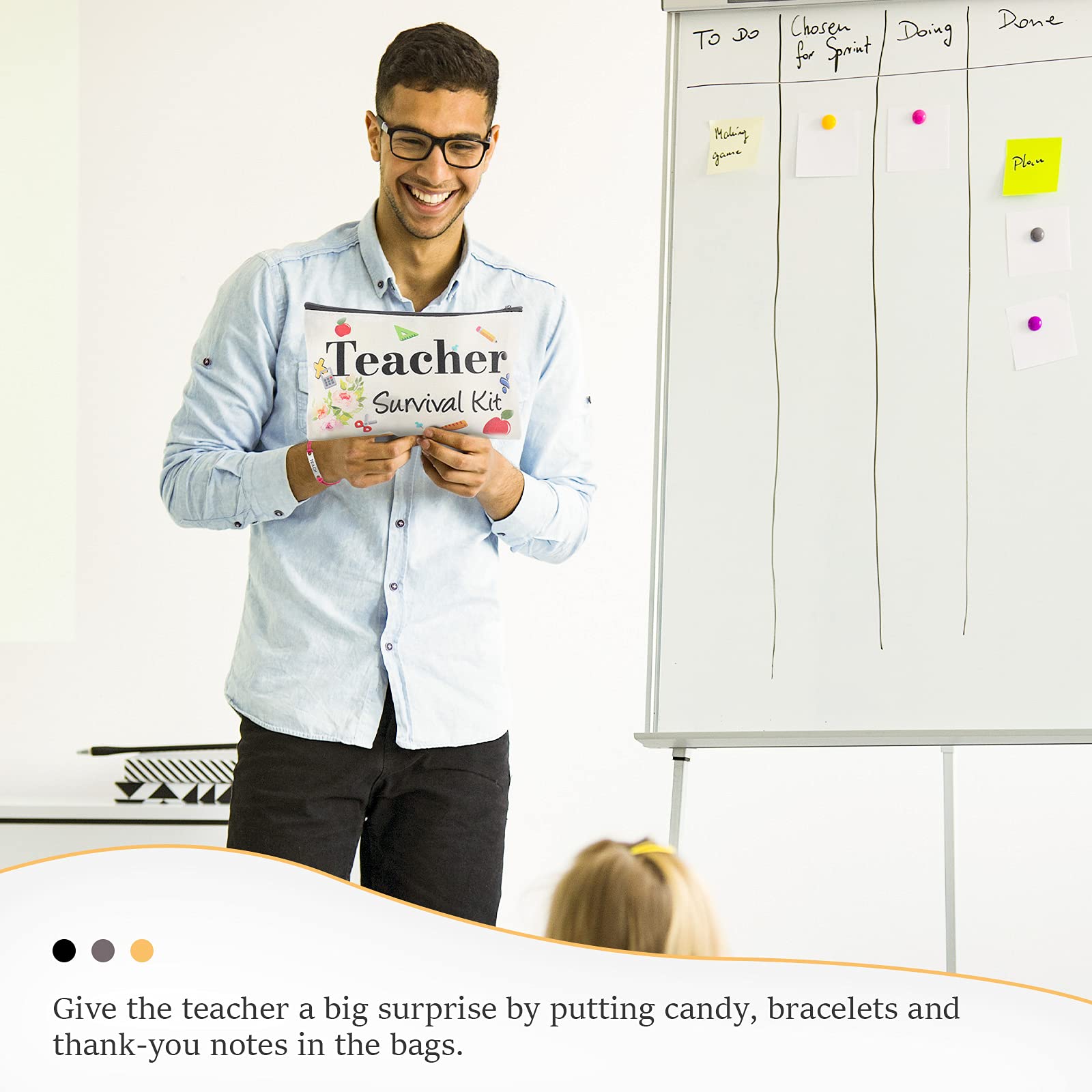 Frienda 24 Pieces Teacher Appreciation Present Set, 12 Teacher Survival Kit Bag Makeup Pouch Bag, 12 Blessing Card Bracelet, Cosmetic Bag Kit (Cute Style, 7.9 x 5.3 Inch)