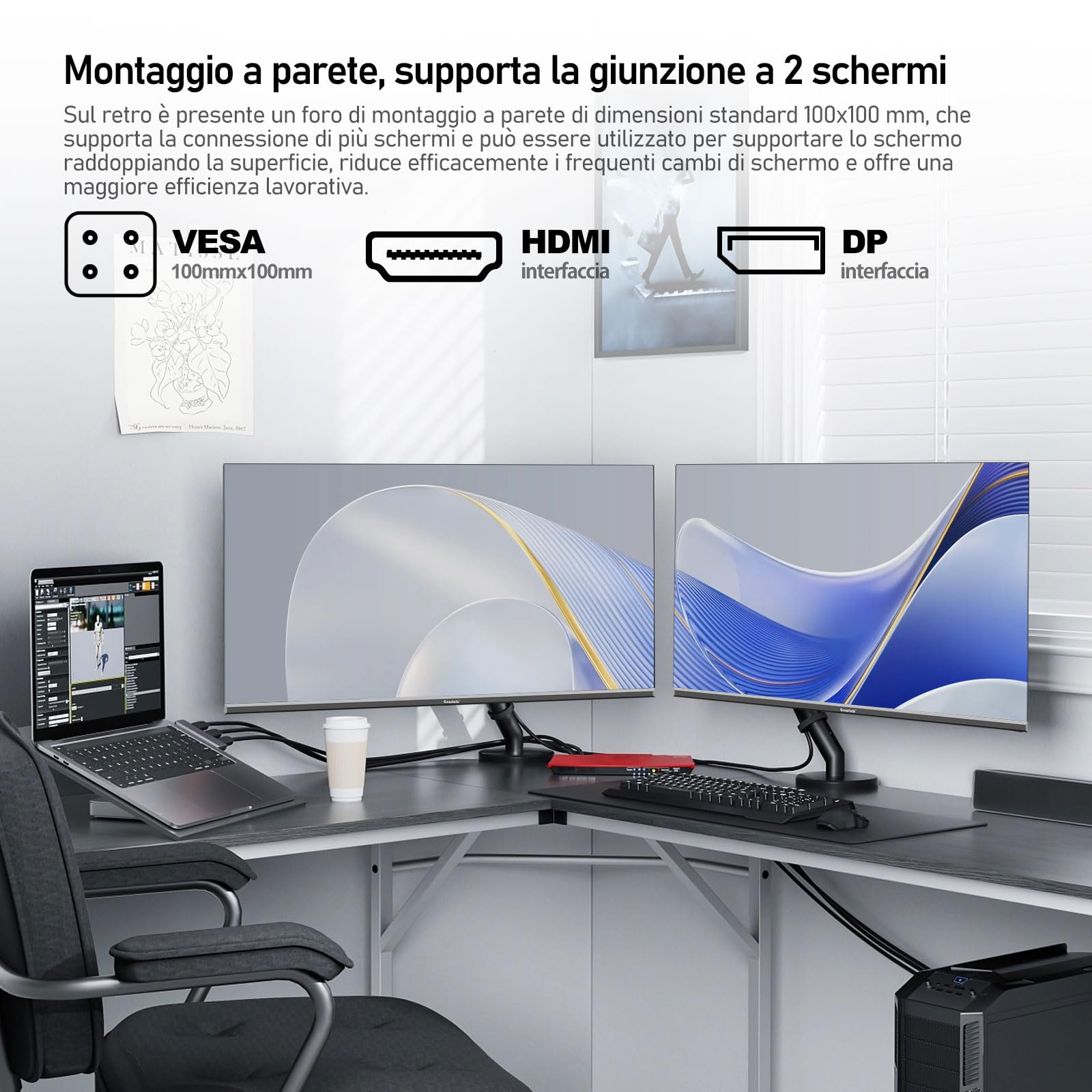 Gawfolk Monitor per computer 32 pollici 4K UHD, schermo ultra chiaro (3840×2160p), 100% sRGB, angolo di visione di 178 °, HDMI, porta display, compatibile con montaggio a parete 100 * 100 mm- nero