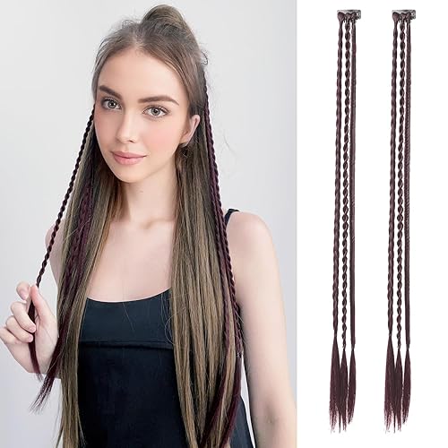 REECHO 6 extensiones de cabello trenzado con clip, trenzas de bebé, 22 pulgadas de largo, natural, suave, sintético, para mujeres y niñas (borgoña)