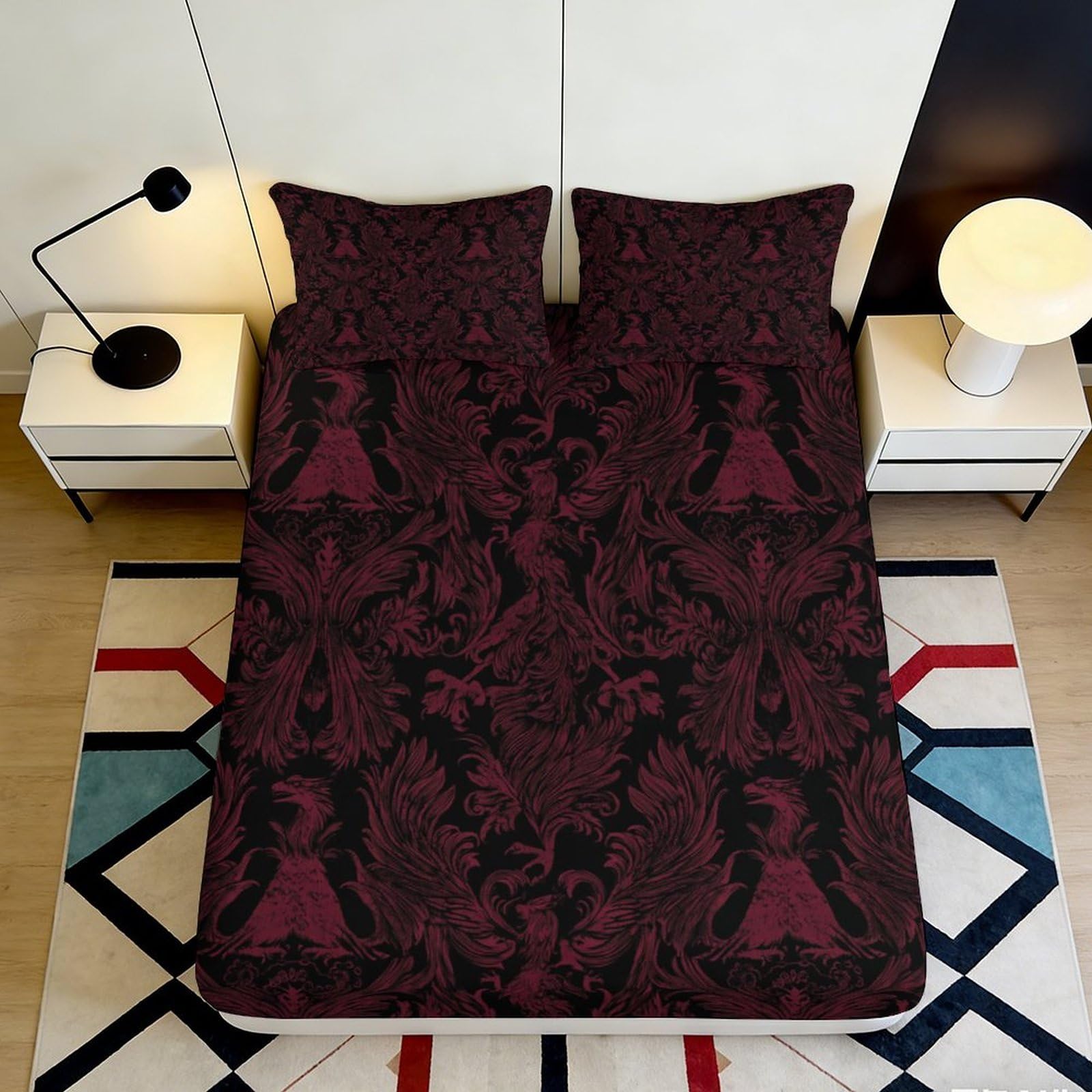 3D Printed Baroque Floral Fitted Sheet Microfiber Soft Breathable Victorian Damask Bed Cover for Bedroom Dorm Decor 90x200x25cm