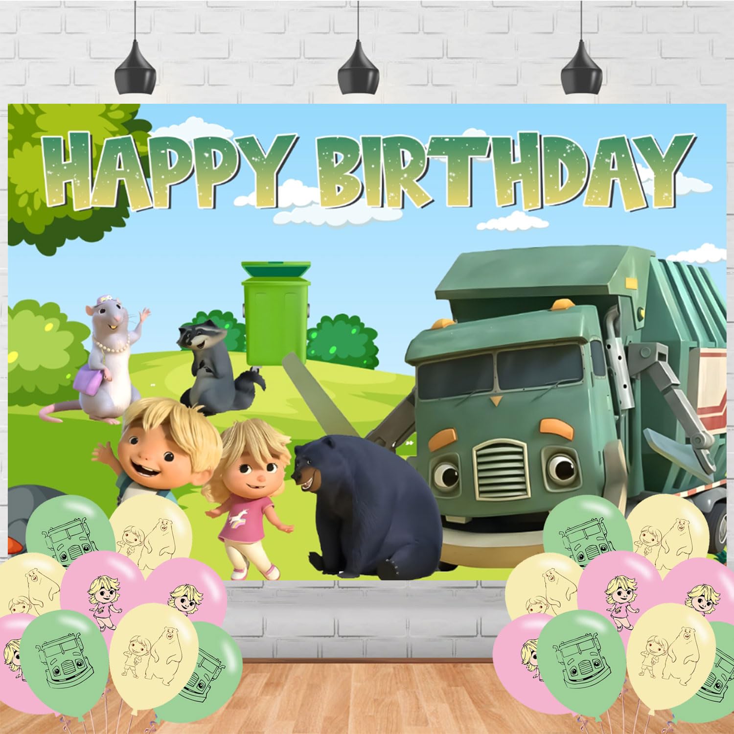 Ezcpigei Trash Truck Birthday Banner - 5x3ft, Green, 18pcs Balloons, Indoor, Wall Mount, Rectangular, Standard Banner, Waste Management Facility/
